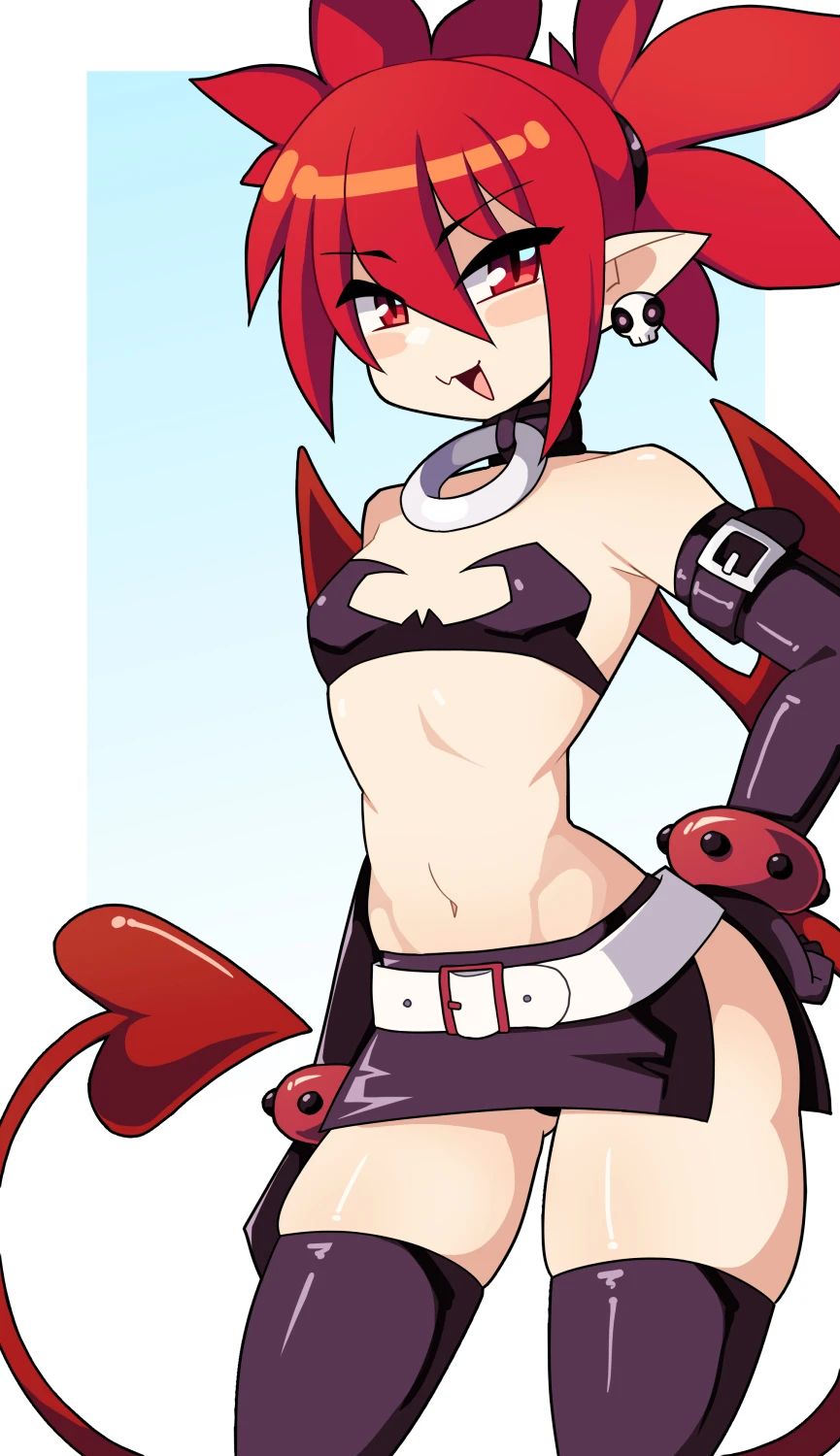 1girls, black thighhighs, collar, demon girl, demon tail, demon wings, disgaea, earrings, etna, female, female only, flat chest, hand on hip, hi res, j5daigada, looking at viewer, miniskirt, pointy ears, red eyes, red hair, revealing clothes, shiny clothes, skindentation, skirt, slit pupils, smiling, smiling at viewer, smug, smug smile, solo, tail, thighhighs, tied hair, wings