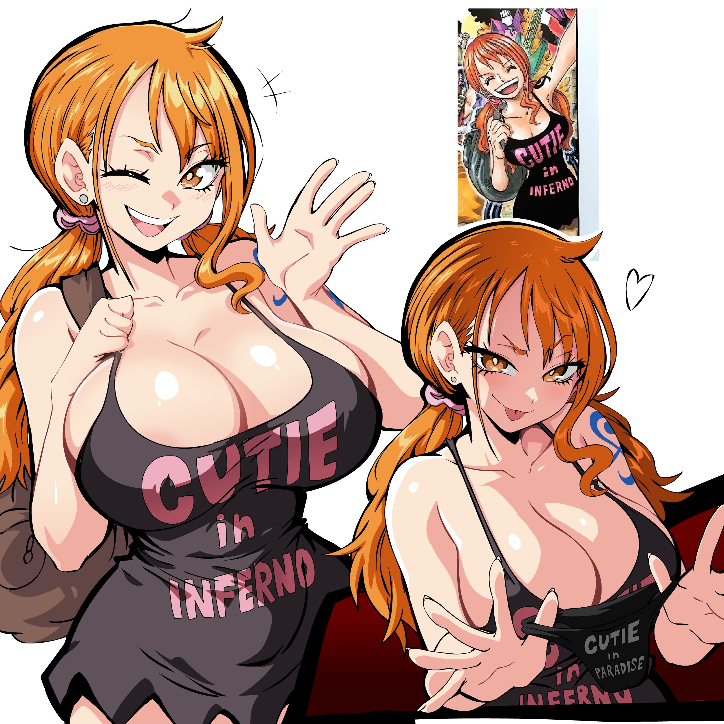 1girls, arm tattoo, blue tattoo, breasts, clothing, fat breasts, female, female focus, female only, flat belly, large breasts, lewdamone, light skin, light-skinned female, mature, midriff, nami (one piece), one piece, orange hair, orange-haired female, removed panties, solo, tattoo, thick thighs, thighs, wide hips