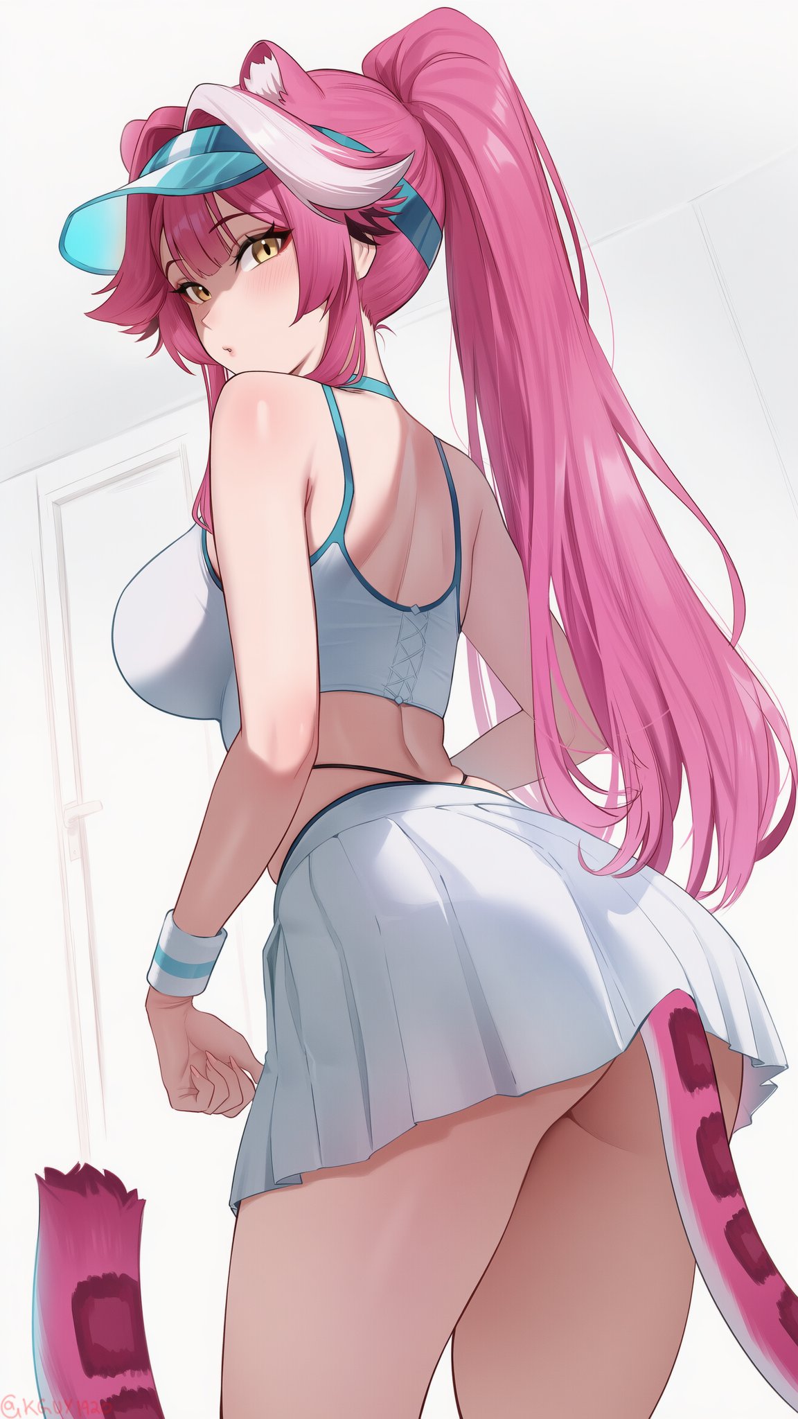 1girls, ass, ass peek, back view, bare thighs, big breasts, female, hi res, hololive, hololive english, hololive english -justice-, kguy1920, large breasts, midriff, panther ears, panther girl, panther tail, pink hair, ponytail, raora panthera, skirt, solo, tennis uniform, tied hair, virtual youtuber, vtuber, yellow eyes