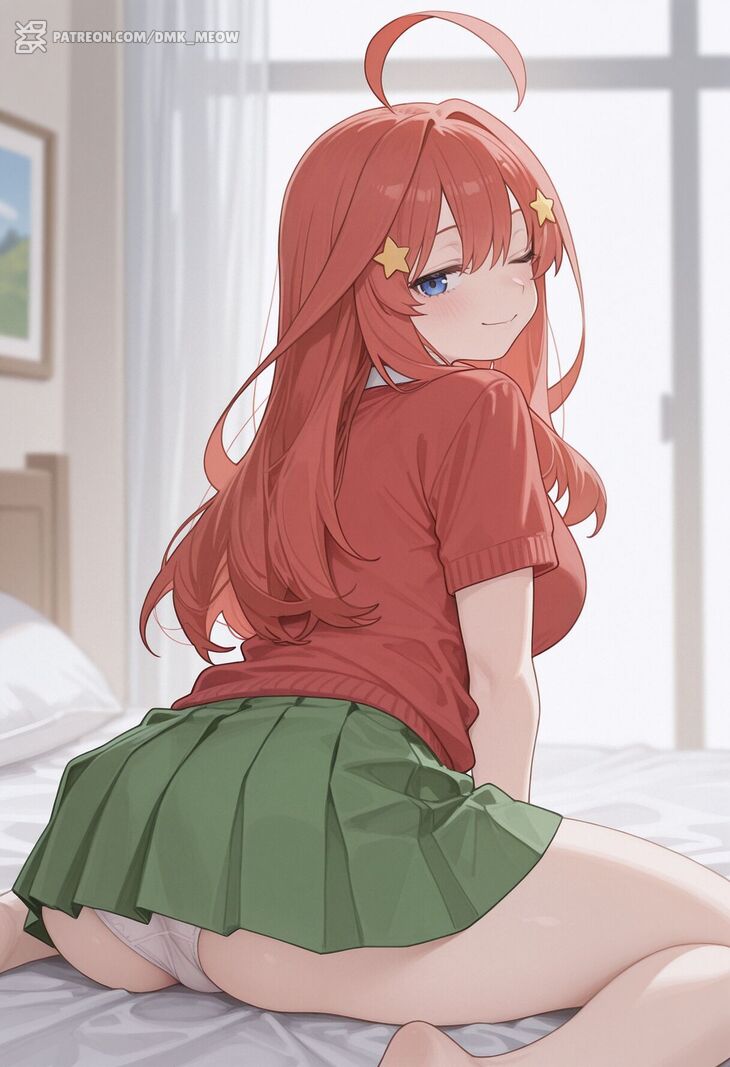 ;), 1girl, ahoge, ai generated, ass, barefoot, bed, blue eyes, blush, breasts, closed mouth, curtains, dmk meow, from behind, green skirt, hair between eyes, hair ornament, indoors, large breasts, long hair, looking at viewer, looking back, nakano itsuki, on bed, one eye closed, panties, pantyshot, pillow, pleated skirt, red hair, red sweater, school uniform, shirt, short sleeves, sitting, skirt, smile, solo, star (symbol), star hair ornament, sweater, thighs, underwear, wariza, white panties, window