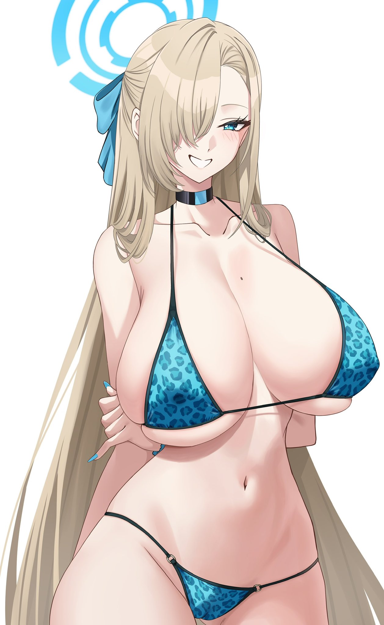 alternate costume, animal print, arms behind back, asuna (blue archive), bare shoulders, bikini, blonde hair, blue archive, blue bikini, blue eyes, blue halo, blue ribbon, blush, breasts, choker, cleavage, collarbone, commentary request, female, grin, groin, hair over one eye, hair ribbon, halo, highres, huge breasts, leopard print, long hair, looking at viewer, mole, mole on breast, navel, o-ring, o-ring bottom, ribbon, sideboob, smile, solo, stomach, suigetu26, swimsuit, thighs, underboob, very long hair