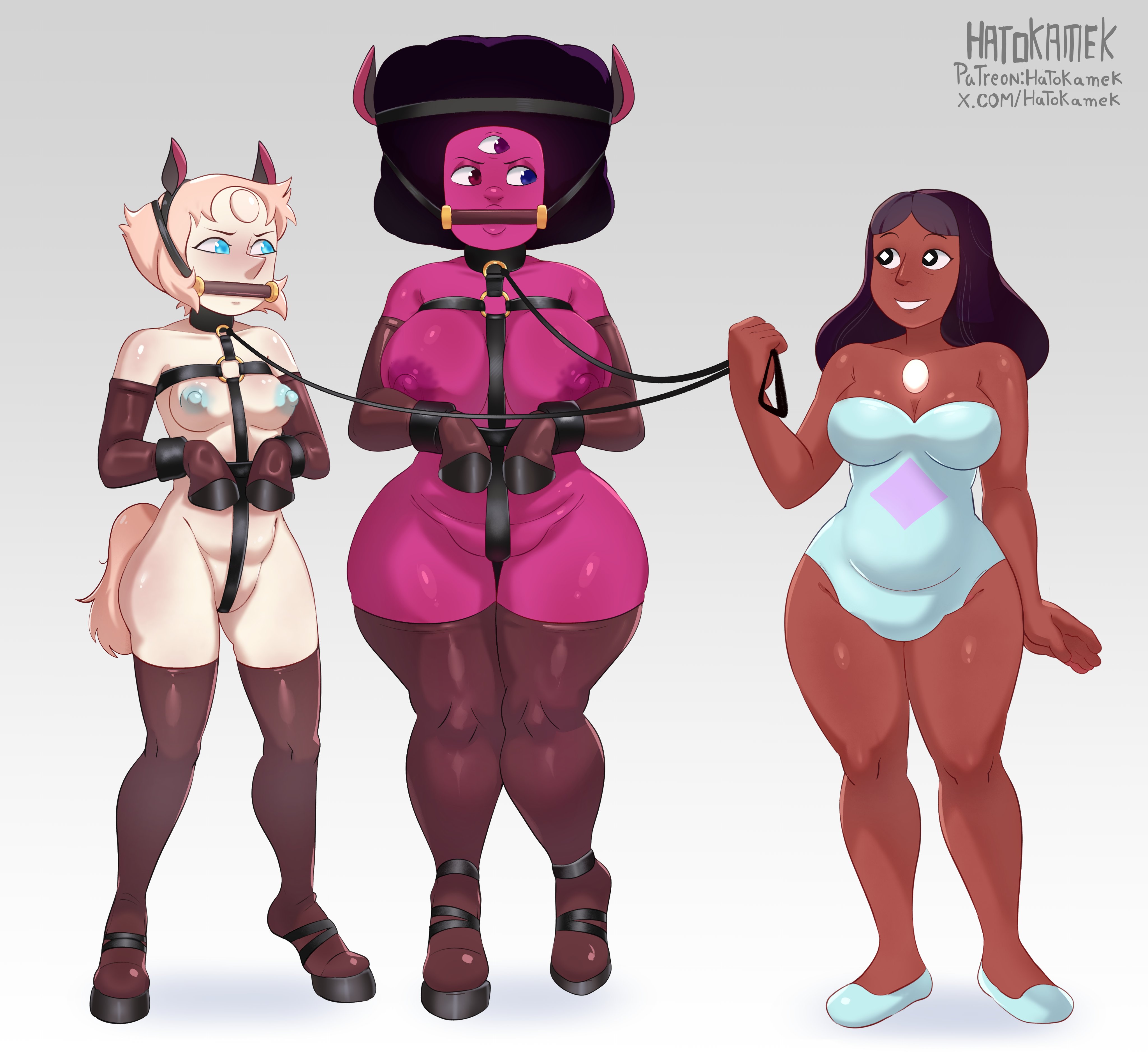 2d, 2d (artwork), 2d artwork, 3girls, areolae, bondage, dark skin, dark-skinned female, female, femdom, femsub, gagged, garnet, garnet (steven universe), hatokamek, nipples, pearl, pearl (steven universe), ponygirl, ponyplay, priyanka maheswaran, steven universe, tails, tied hair, trio, yuri