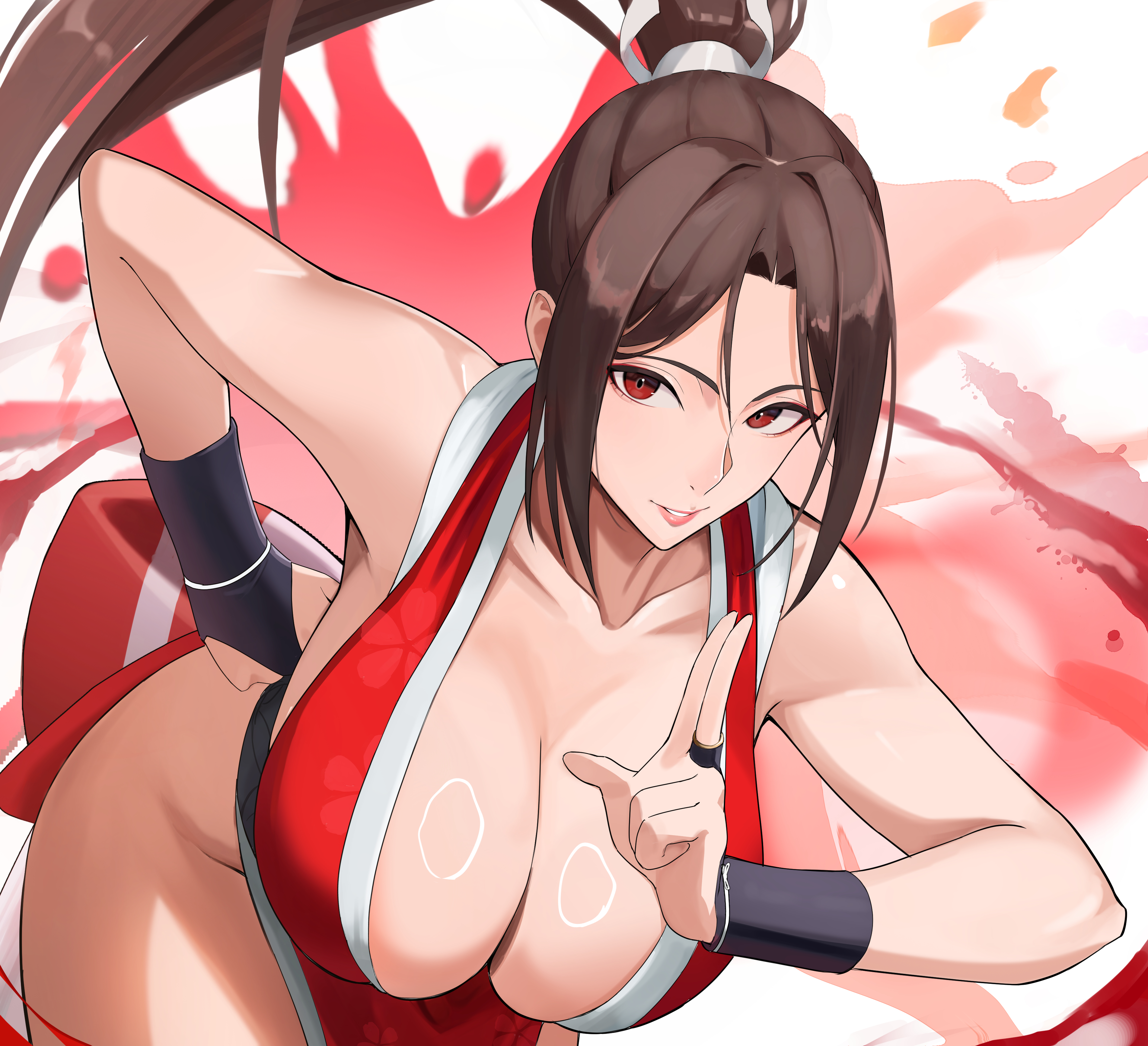 absurdres, bare legs, bent over, big breasts, breasts, brown hair, capcom, cleavage, close-up, collarbone, commentary, curvy, fatal fury, female, hair intakes, hand on own hip, high ponytail, highres, hollow shine, king of fighters, kuji-in, kunoichi, large breasts, long hair, looking at viewer, mai shiranui, no bra, obi, oruru63100814, parted bangs, parted lips, pelvic curtain, ponytail, red eyes, ring light reflection, sash, smile, snk, solo, street fighter, street fighter 6, thighs, very long hair, wide hips