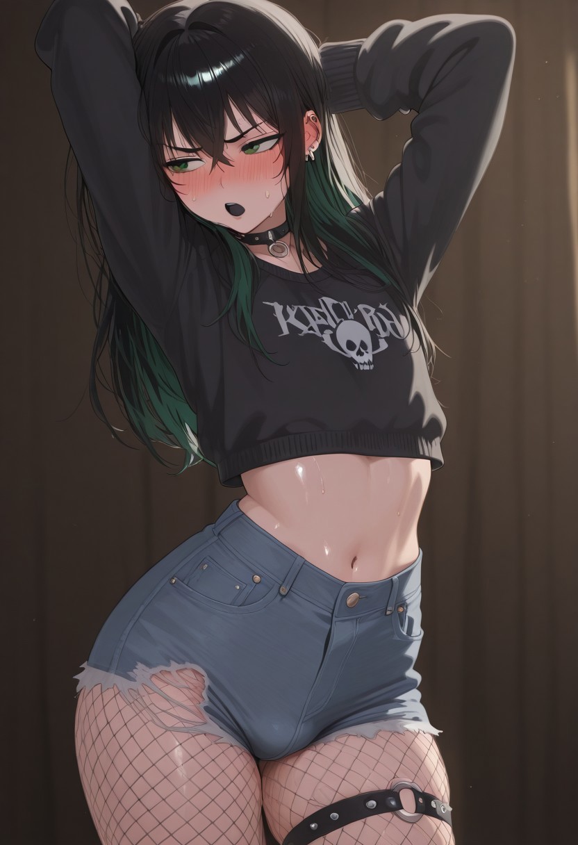 1boy, 1femboy, 2025, ai generated, alternate version available, arms up, belly, black fishnets, black hair, blue jean shorts, blue shorts, blush, bulge, bunnyboi61, choker, civitai, collar, crossdressing, dark hair, femboy, feminine male, fishnet pantyhose, fishnets, girly, green eyes, hips, jean shorts, long sleeves, midriff, navel, pantyhose, shorts, standing, steamy breath, thigh strap, thighs, top, topwear, trap, wide hips