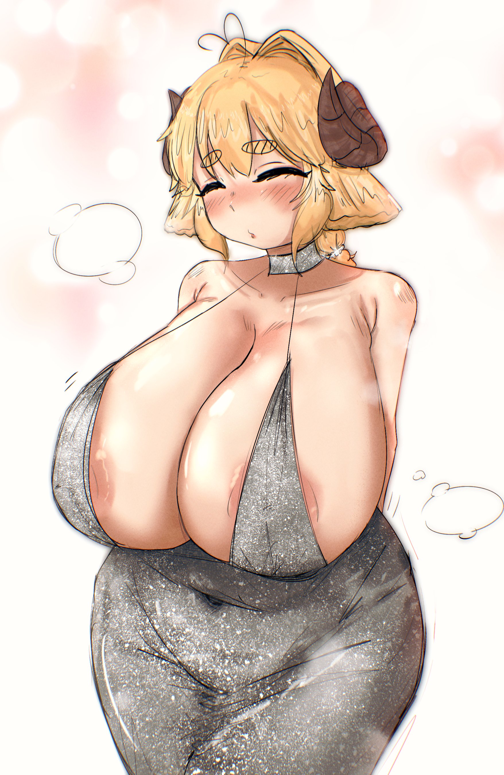 areola slip, areolae, bbw, biligbilig, blonde female, blonde hair, blush, chubby female, closed eyes, colored, dress, eira woolcott, horns, indie virtual youtuber, kemonomimi, large breasts, sheep ears, sheep girl, sheep horns, steam, virtual youtuber