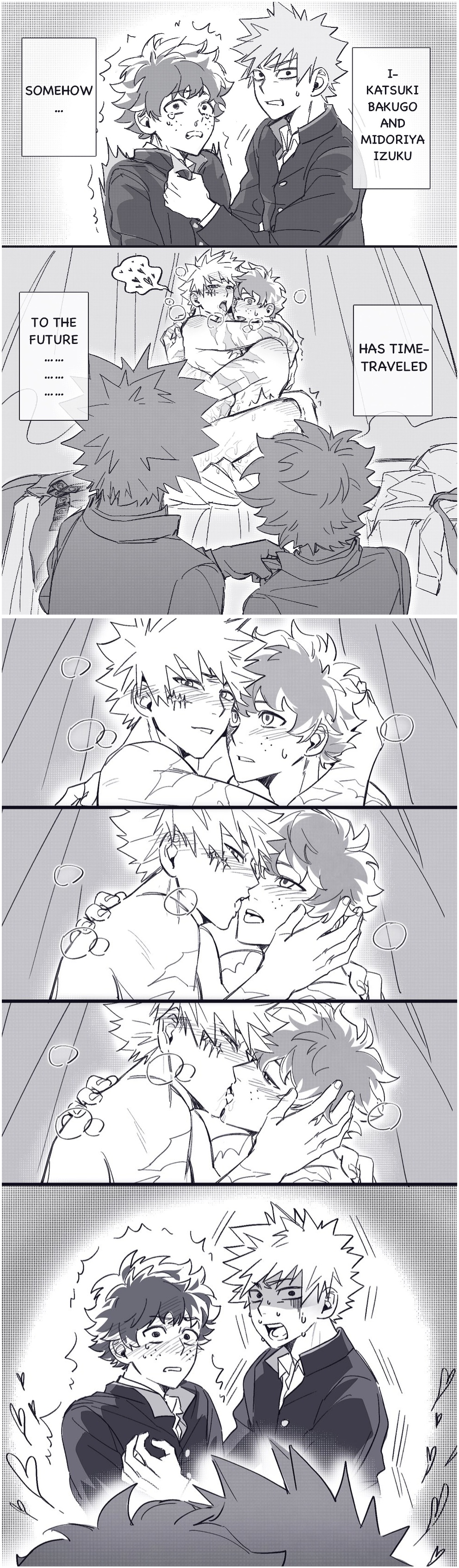 2026, 2boys, afraid, bakugou katsuki, bed, bedroom sex, black and white, blush, blush lines, boku no hero academia, confused, confused look, deku, dialogue, drool, english dialogue, english text, fadeincam, fear, gay, gay male, gay sex, hand in hair, horrified, hugging, hugging partner, implied penetration, interrupted, izuku midoriya, katsuki bakugou, kissing, making love, making out, male, male only, male/male, meme, messy hair, midoriya izuku, monochrome, my hero academia, naked, naked male, nude, nude male, passionate, scar, scars, scars all over, sloppy kiss, somehow has time-traveled (meme), spiky hair, tears, tears in eyes, time travel, tongue, tongue kiss, visible breath, voyeur, voyeurism, yaoi