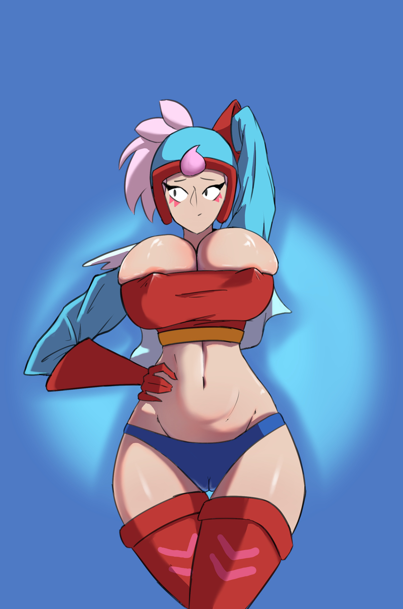 2024, arm up, brawl stars, breasts squeezed together, crop top, crossed legs, erect nipples, huge breasts, janet (brawl stars), kaisersojin, looking away, pale skin, pink hair, supercell, thin waist