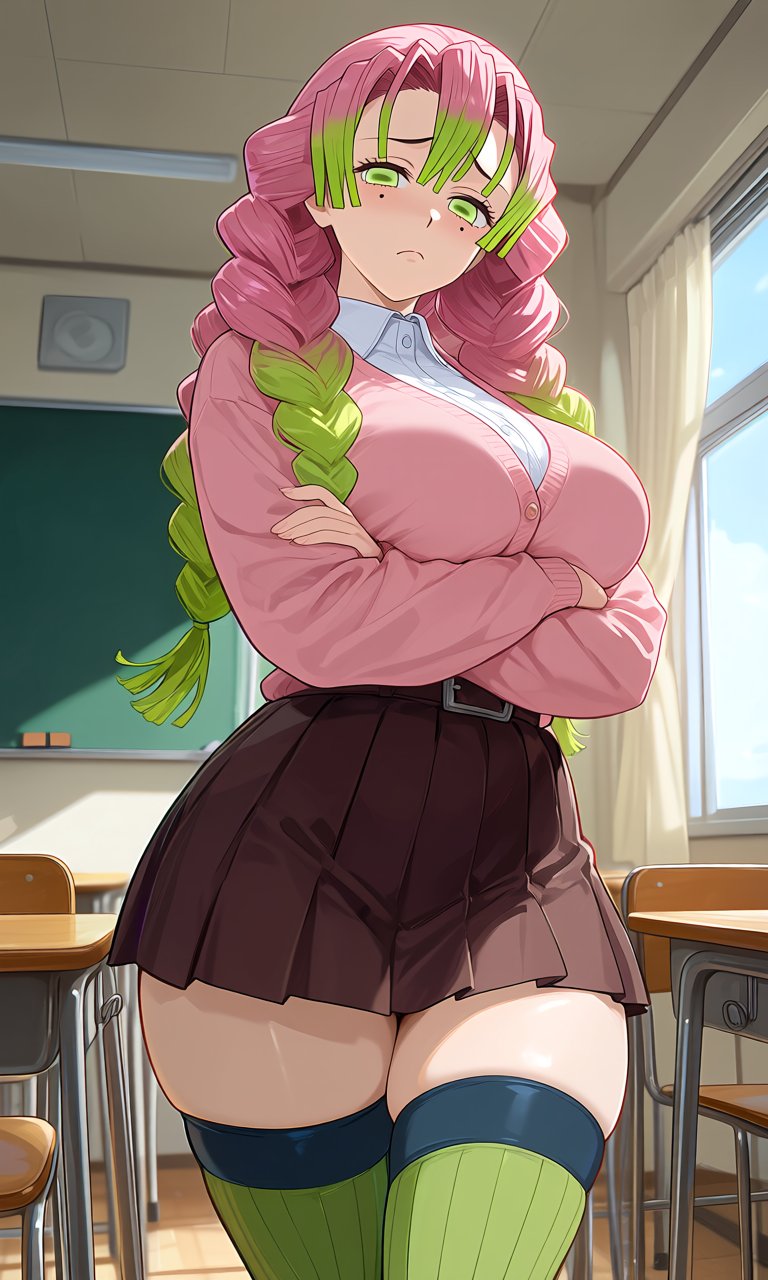 1girls, ai generated, classroom, curvy, curvy body, curvy female, curvy figure, demon slayer, female, female only, kanroji mitsuri, kimetsu no yaiba, kyoru189, looking at viewer, mature female, school uniform, solo, solo female