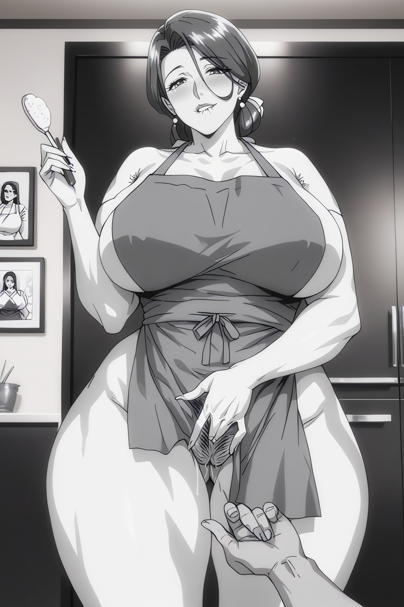 ai generated, apron, armpit hair, ass visible through thighs, biting lip, black and white, breasts, cooking, covered breasts, female masturbation, fingering, hairy armpits, hips, hips wider than shoulders, huge breasts, huge hips, looking at viewer, masturbation, mature body, mature female, mature woman, milf, mommy, naked apron, orgasm, orgasm face, pelvic line, pokerh, pubes, pubic hair, pussy, self masturbation, standing masturbation, thick thighs, thigh gap, thighs, voluptuous, voluptuous body, voluptuous female, wide hips