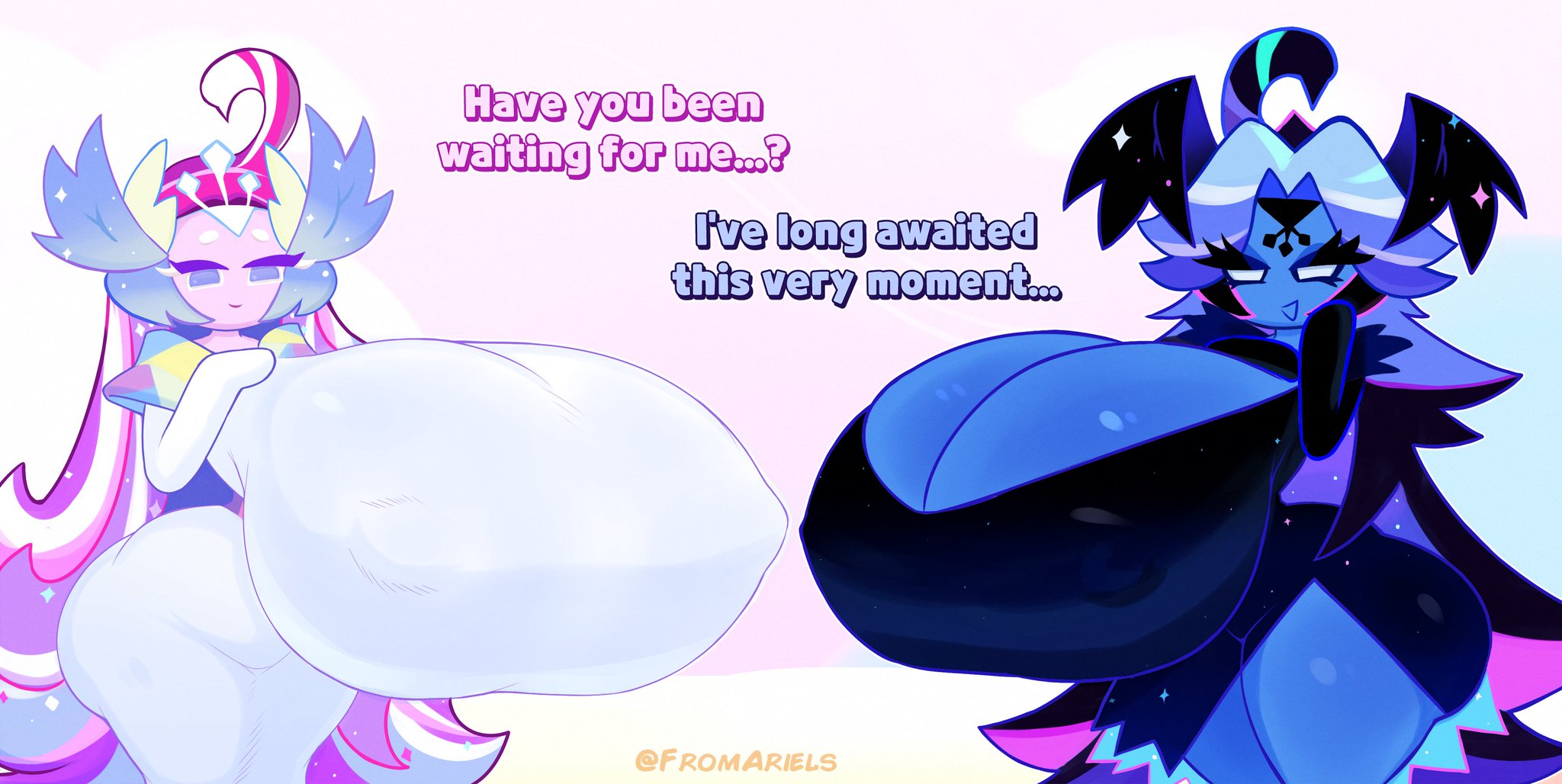big ass, big breast, black sugar swan cookie, blue skin, breast focus, breasts bigger than head, breasts focus, cookie run, cookie run kingdom, cookie run ovenbreak, dialogue, fromariels, giant breasts, huge breasts, hyper, hyper breasts, nipple bulge, pink skin, sugar swan cookie