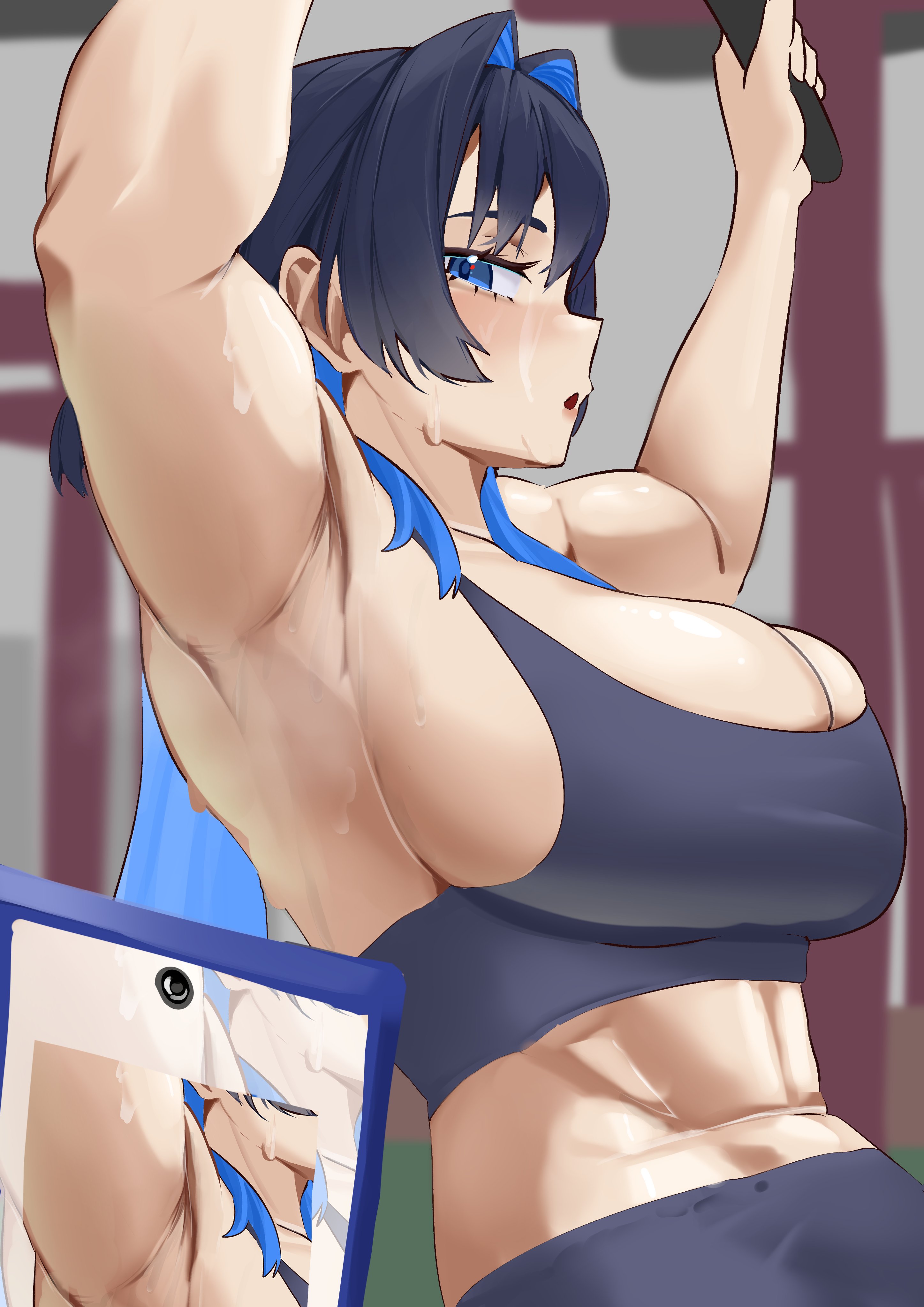 abs, armpit, female, gym, gym clothes, hololive, hololive english, huge breasts, koizumi arata, looking at viewer, ouro kronii, side view, sports bra, sweat, sweating, sweaty armpits, sweaty body, taking picture, virtual youtuber, working out