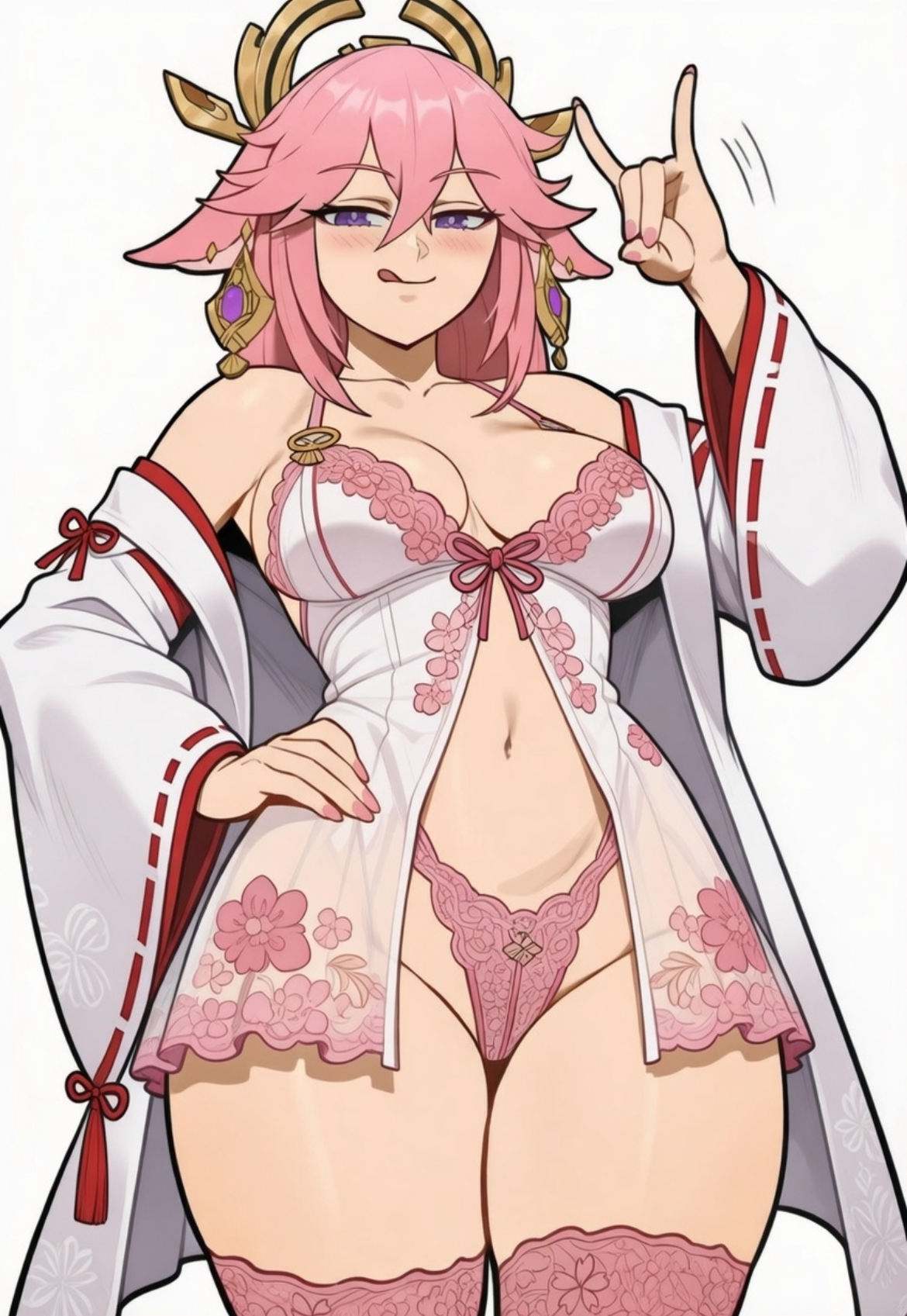 ai generated, coat on shoulders, curvy female, genshin impact, hand on hip, licking lips, lingerie, long hair, maxelartdesign, medium breasts, ok sign, panties, pink hair, thick thighs, wide hips, yae miko