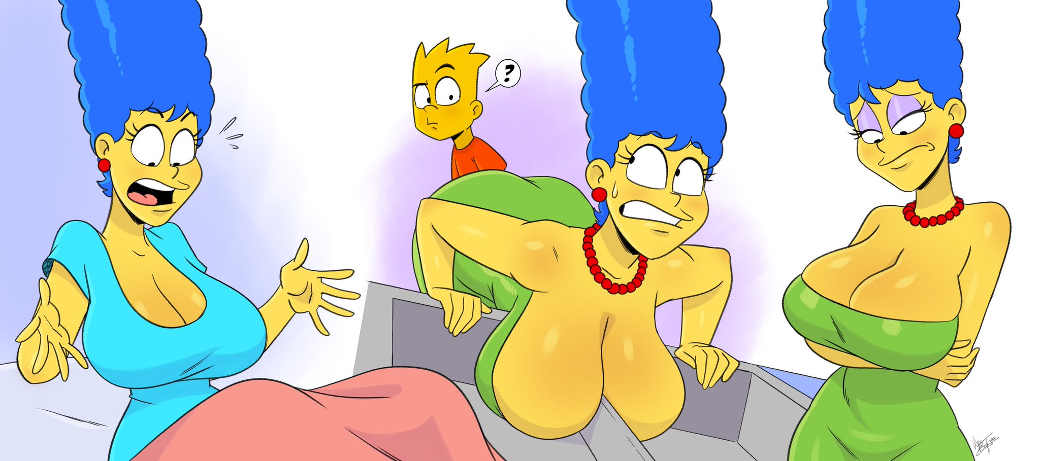 ?, 1boy, 1girls, aeolus06, ass, bart simpson, big ass, big breasts, big thighs, blue hair, breasts, breasts bigger than head, canonical scene, curvaceous, curvy, curvy figure, digital media (artwork), female, hips, hourglass figure, huge ass, huge breasts, inconvenient breasts, large ass, large breasts, large marge, legs, marge simpson, mature, mature female, milf, mother, mother and son, older female, older female and younger male, slim waist, son, the simpsons, thick, thick hips, thick legs, thick thighs, thighs, voluptuous, waist, wide hips, wide thighs, wife, yellow body, yellow skin, yellow-skinned female, yellow-skinned male, younger male