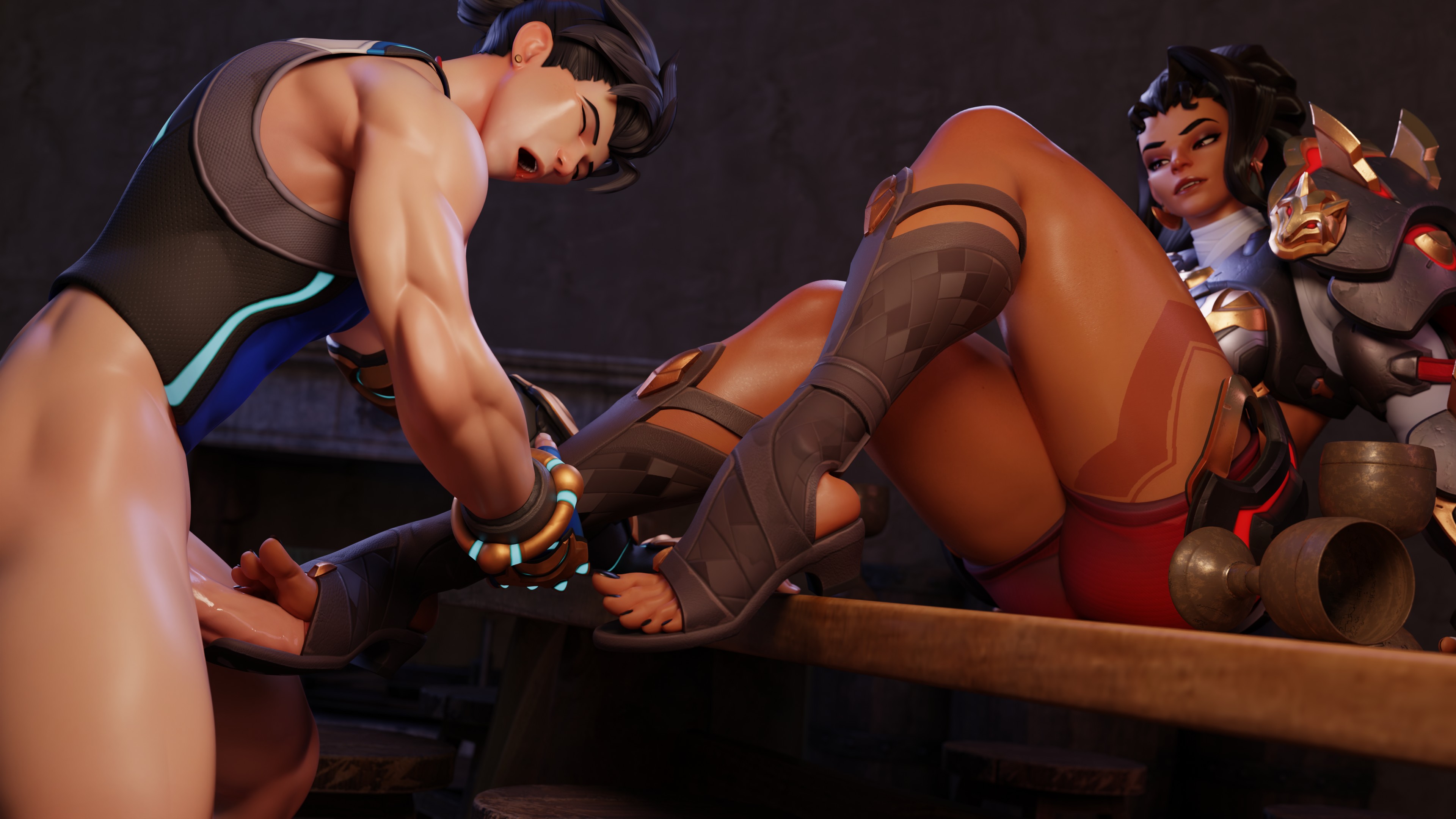 1boy1girl, 3d, 3d (artwork), asian male, blender, blizzard entertainment, brown-haired female, dark-skinned female, female, foot fetish, foot play, footjob, highres, interracial sex, italian female, light-skinned male, male/female, malesub, muscular male, overwatch, penis, straight, submissive male, vendetta, wuyang