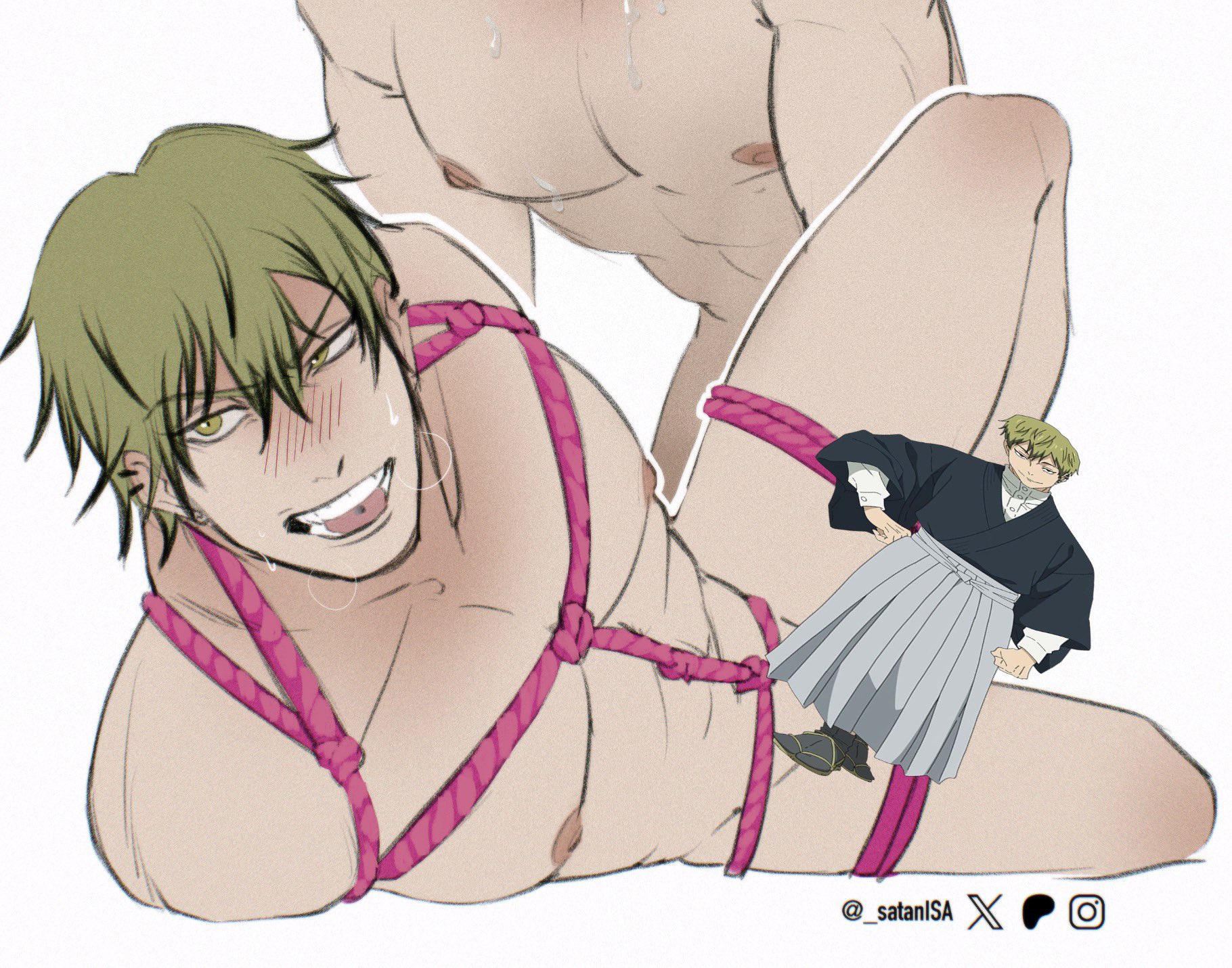 2boys, athletic male, blushing, bondage, censored, censored penis, confident, confidently naked, gay, heavily censored, male, muscular, sewer hair, tied up, ugly twink, zenin naoya