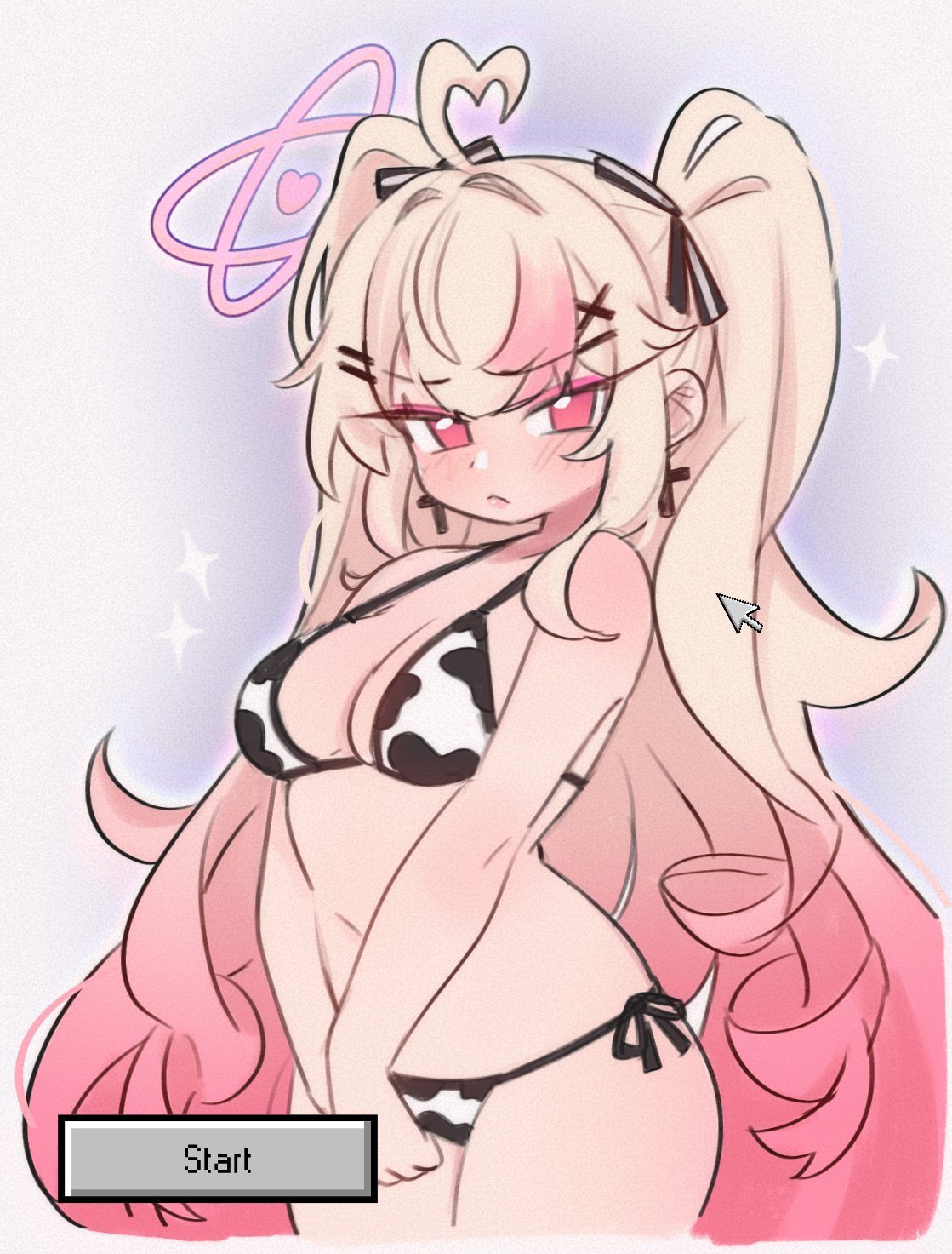 1girls, ahoge, animal print, bikini, blonde hair, blush, breasts, cleavage, cow print, cow print bikini, cross, cross earrings, earrings, female, gradient hair, halo, heart, heart ahoge, highres, indie virtual youtuber, inverted cross, inverted cross earrings, jewelry, large breasts, long hair, multicolored hair, pink eyes, pink hair, pink halo, print bikini, simple background, solo, sparkle, succuguts, suko (vtuber), swimsuit, thighs, twintails, virtual youtuber, vtuber