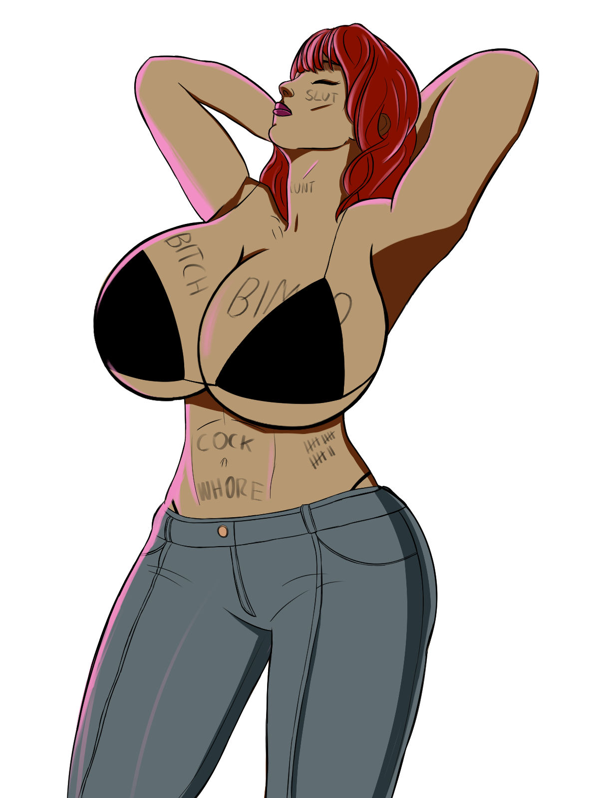 big breasts, big thighs, big titties, bikini top, bimbo, bimbo body, bimbofication, black thong, body writing, bodywriting, breasts, busty, busty female, busty girl, closed eyes, crop top, dumb girl, fat ass, female, female only, jeans, leaning back, luciantraveller, marvel, marvel comics, mary jane watson, midriff, misogyny, mj watson, naked, naked female, prostitution, rapemeat, red hair, spider-man, spider-man (series), stretching, superheroine, thong, thong peek, thong pull, vulture, white shirt, white skin
