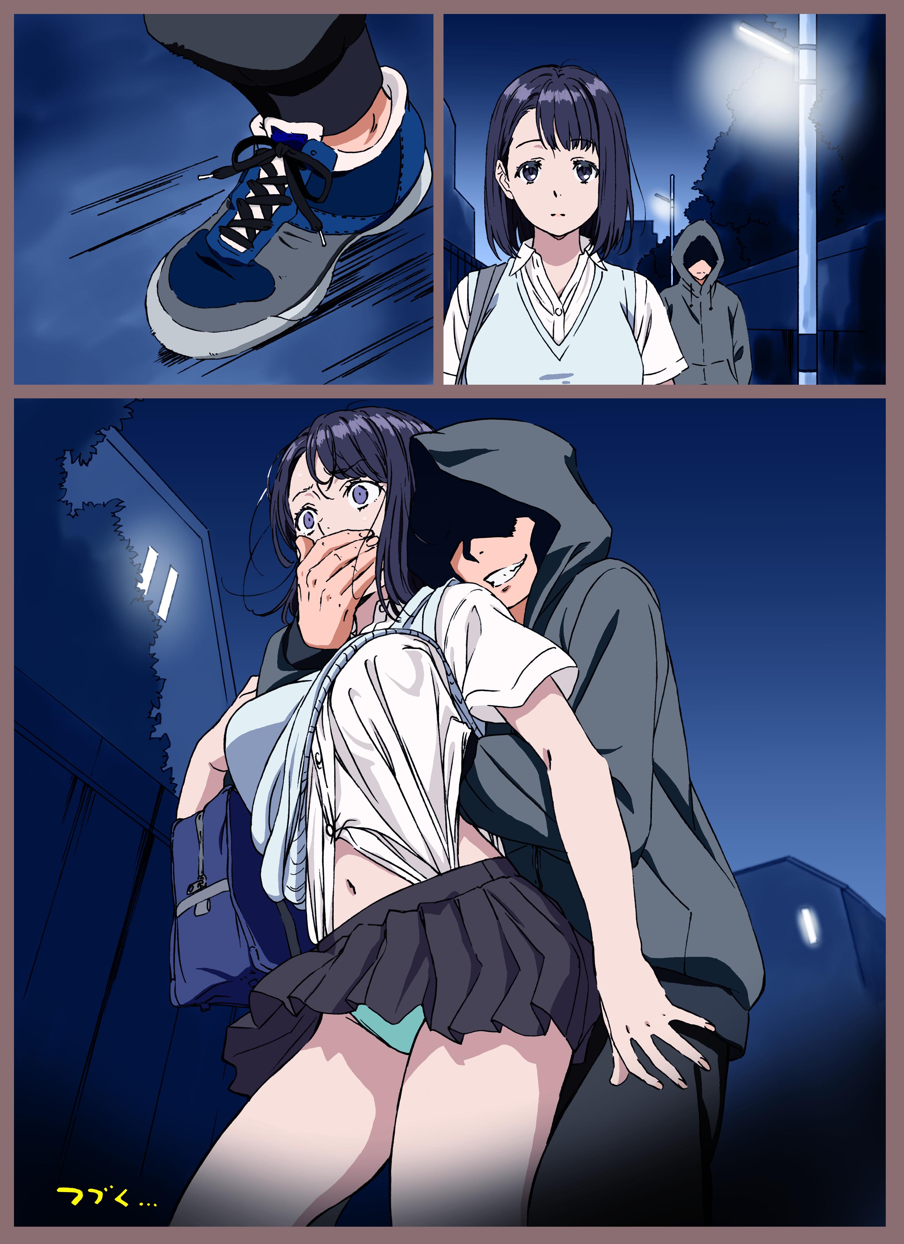 1boy, 1girls, absurdres, bag, black hair, breast grab, breasts, comic, covering another's mouth, covering mouth, evil smile, female, gagged, grabbing, grabbing from behind, green panties, grope, groping, groping breasts, hand gagged, hand over another's mouth, hand over mouth, handgag, harassment, highres, hood, imminent rape, instant loss 2koma, kakitama, lamppost, male, medium breasts, miniskirt, molestation, navel, night, original, outdoors, panties, pantyshot, pervert, public, public indecency, school bag, school uniform, short hair, skirt, stalker, stalking, straight, surprised, text, underwear, wide-eyed
