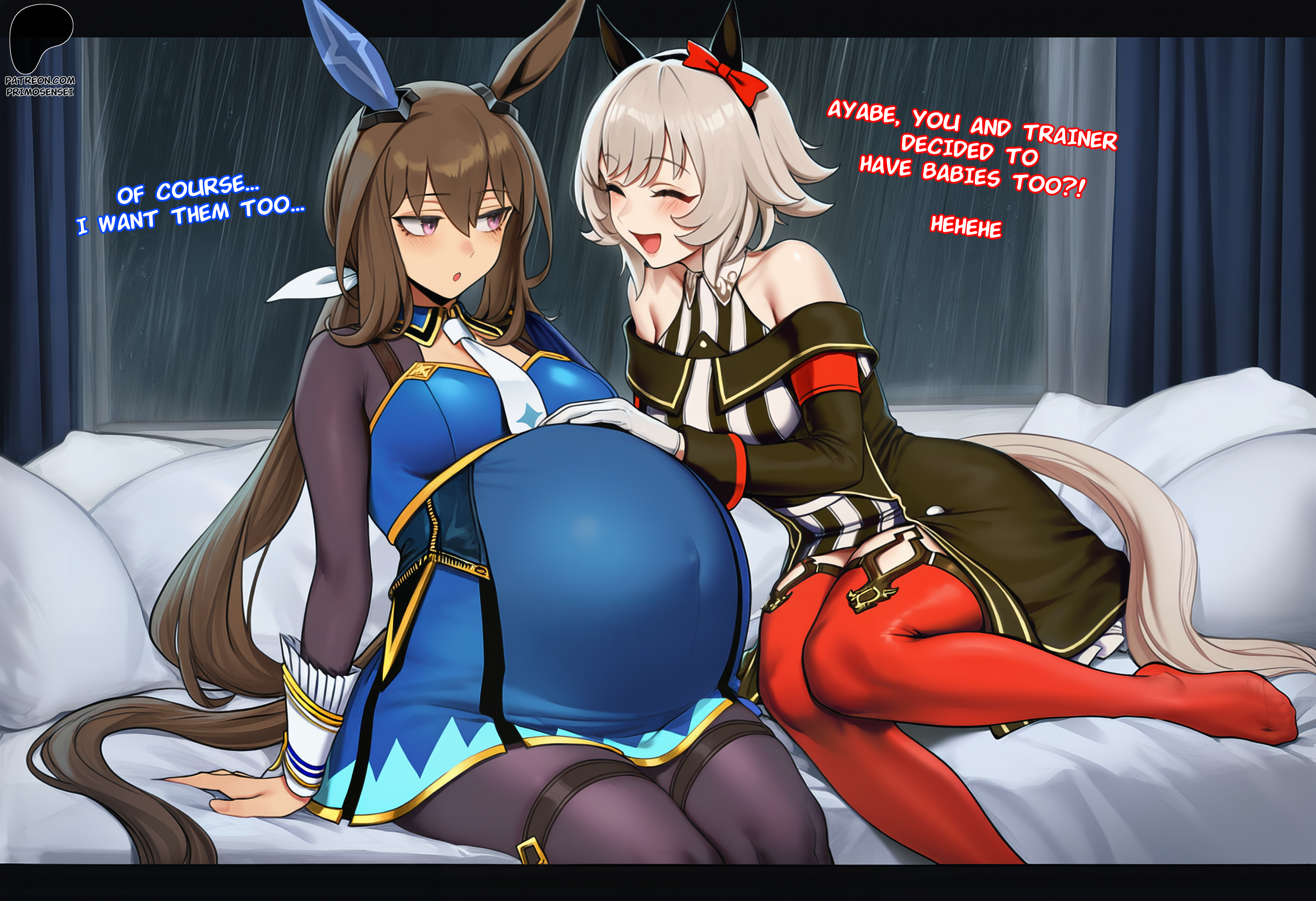 :o, 1girls, 2girls, admire vega (umamusume), ai generated, animal ears, animal girl, bare shoulders, big pregnant belly, blush, brown hair, chatting, closed eyes, curren chan (umamusume), dialogue, eyeliner, eyes half open, female, hair between eyes, hand on pregnant belly, horse ears, horse girl, horse tail, indoors, light-skinned female, long hair, no sex, on bed, pregnant, pregnant belly, pregnant female, primosensei, purple eyes, short hair, side eye, smiling, sole female, straight hair, tail, text, thick thighs, thigh strap, thighs, umamusume, umamusume pretty derby, white hair