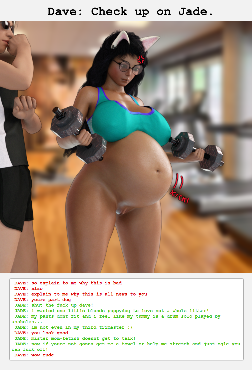 1boy 1girls 3d :( annoyed belly big_belly black_hair blonde_hair bra breedingduties clothing dark_skin dave_strider dialogue dog_ears glasses green_eyes gym homestuck jade_harley long_hair ms_paint_adventures pregnant pussy ready_to_pop short_hair sports_bra sunglasses text treadmill weightlifting weights white_skin