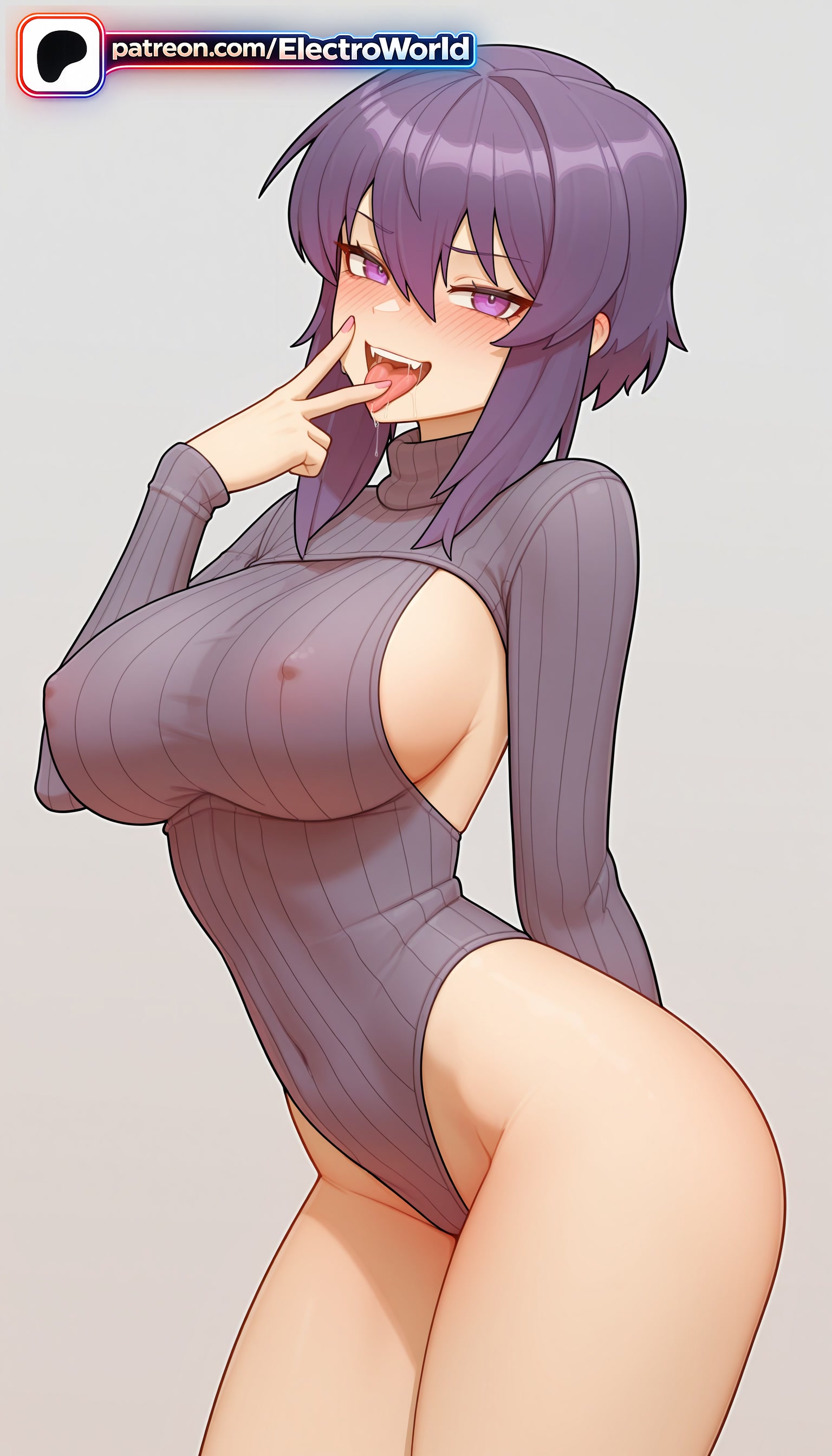 1girls, 2026, ai generated, artist name, blush, breasts, bust, chest, covered nipples, electroworld, eyebrows visible through hair, fellatio gesture, female, ghost in the shell, gradient, gradient background, grey background, hi res, high quality, high resolution, highleg, highleg leotard, highres, kusanagi motoko, leotard, looking at viewer, open mouth, patreon, patreon username, purple eyes, purple hair, ribbed leotard, ribbed sweater, solo, stable diffusion, tongue, tongue out, watermark