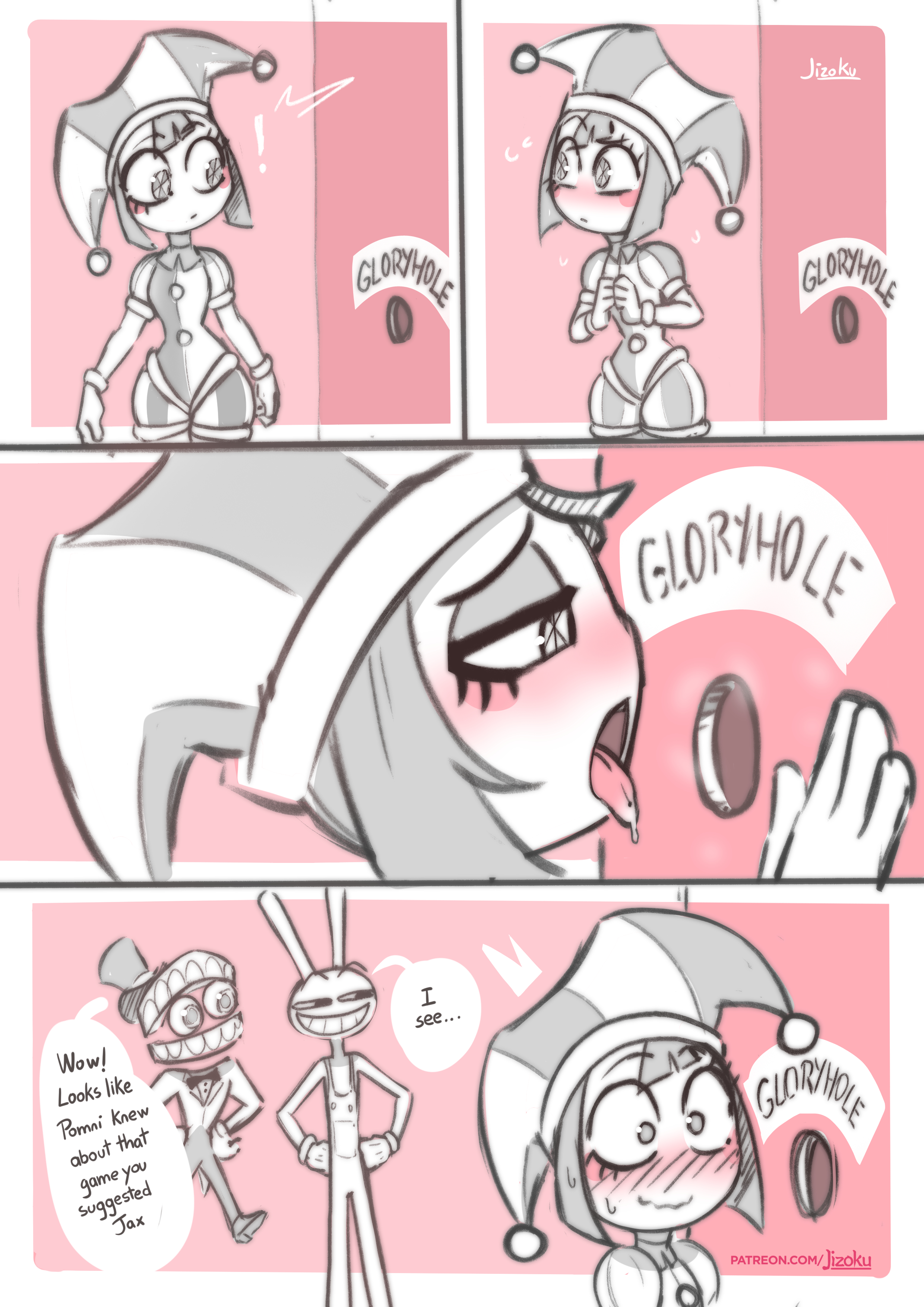 1girls, 2boys, 2d, 2d (artwork), blush, blush lines, caine (the amazing digital circus), comic, dialogue, dialogue bubble, glory hole, jax (tadc), jax (the amazing digital circus), jester hat, jizoku, no sex, one page comic, open mouth, patreon url, pomni, pomni (tadc), pomni (the amazing digital circus), sketch, tadc, tagme, text, text bubble, the amazing digital circus, waiting for cock