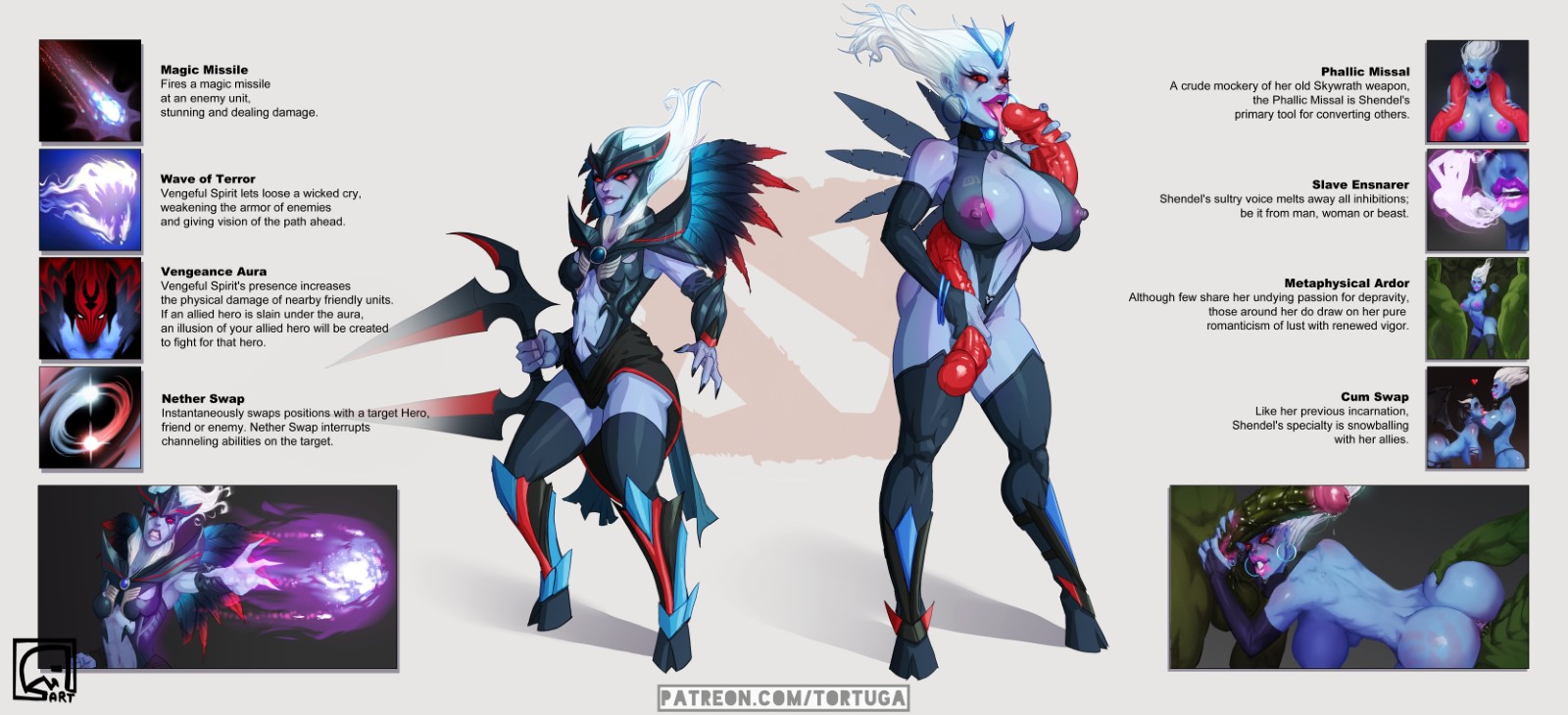 1girls, 2boys, areolae, ass, big ass, bimbo, bimbofication, breasts, busty, character sheet, cleavage, dota, dota 2, erection, female, from behind, hoop earrings, huge breasts, huge cock, male, nipple bulge, nipples, penis, see-through, sex, straight, text, tortuga, vengeful spirit (shendelzare), voluptuous