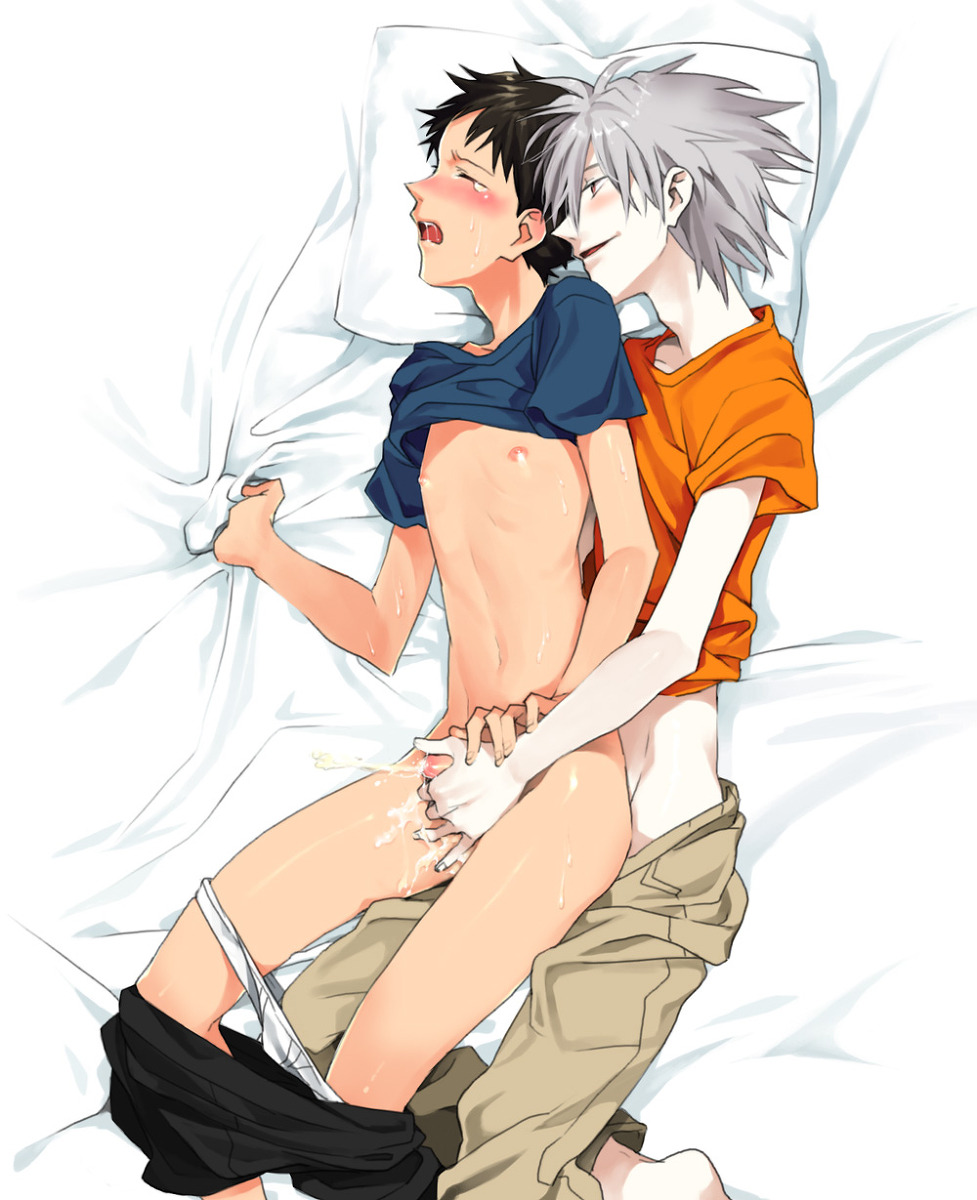 anal, blush, clothed sex, clothing, crying, cum, cum on body, cum on self, cum on thighs, cum while penetrated, functionally nude, gay, handjob, kaworu nagisa, male, male only, neon genesis evangelion, shinji ikari, underwear, yaoi