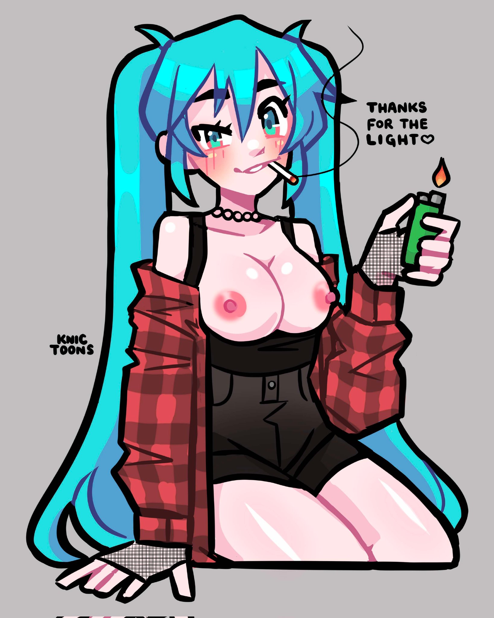 1girl, 1girls, aqua eyes, aqua hair, blush, breasts, breasts out, choker, cigarette, english text, exposed breasts, exposed nipples, female, fire, fishnet gloves, fishnets, flame, gloves, grey background, hatsune miku, high-waist shorts, holding, jewelry, knic, knic toons, lighter, long hair, long sleeves, looking at viewer, medium breasts, midwest miku, necklace, nipples, plaid, plaid jacket, plaid shirt, red shirt, shirt, shorts, simple background, sitting, smile, smoke, smoking, solo, speech bubble, tagme, twintails, very long hair