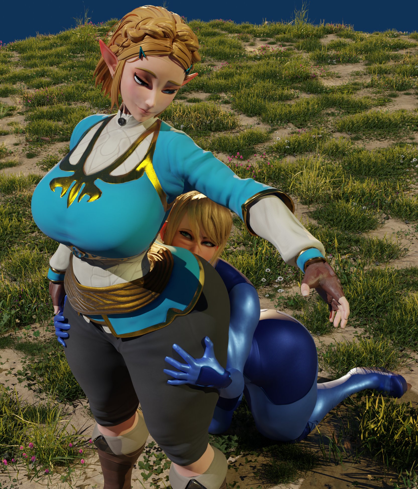 2girls, 3d, 3d (artwork), ass bigger than head, ass cleavage, ass focus, ass grab, ass worship, breasts, breasts bigger than head, female, huckleberry8181, huge ass, huge breasts, light skin, light-skinned female, metroid, nintendo, princess zelda, princess zelda (scrag boy), samus aran, scrag boy (model), scrag samus, the legend of zelda, thicc, thick, thick ass, thick legs, thick thighs, yuri, zero suit samus