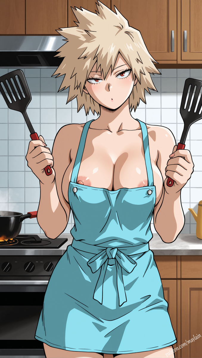 ai generated, apron, apron only, areolae, areolae slip, barely clothed, barely covered, blonde female, blonde hair, breasts, breasts out, female, kitchen, looking at viewer, may rain, medium breasts, milf, mitsuki bakugou, my hero academia, nipple slip, nipples, red eyes, solo, solo female, solo focus, spiky hair