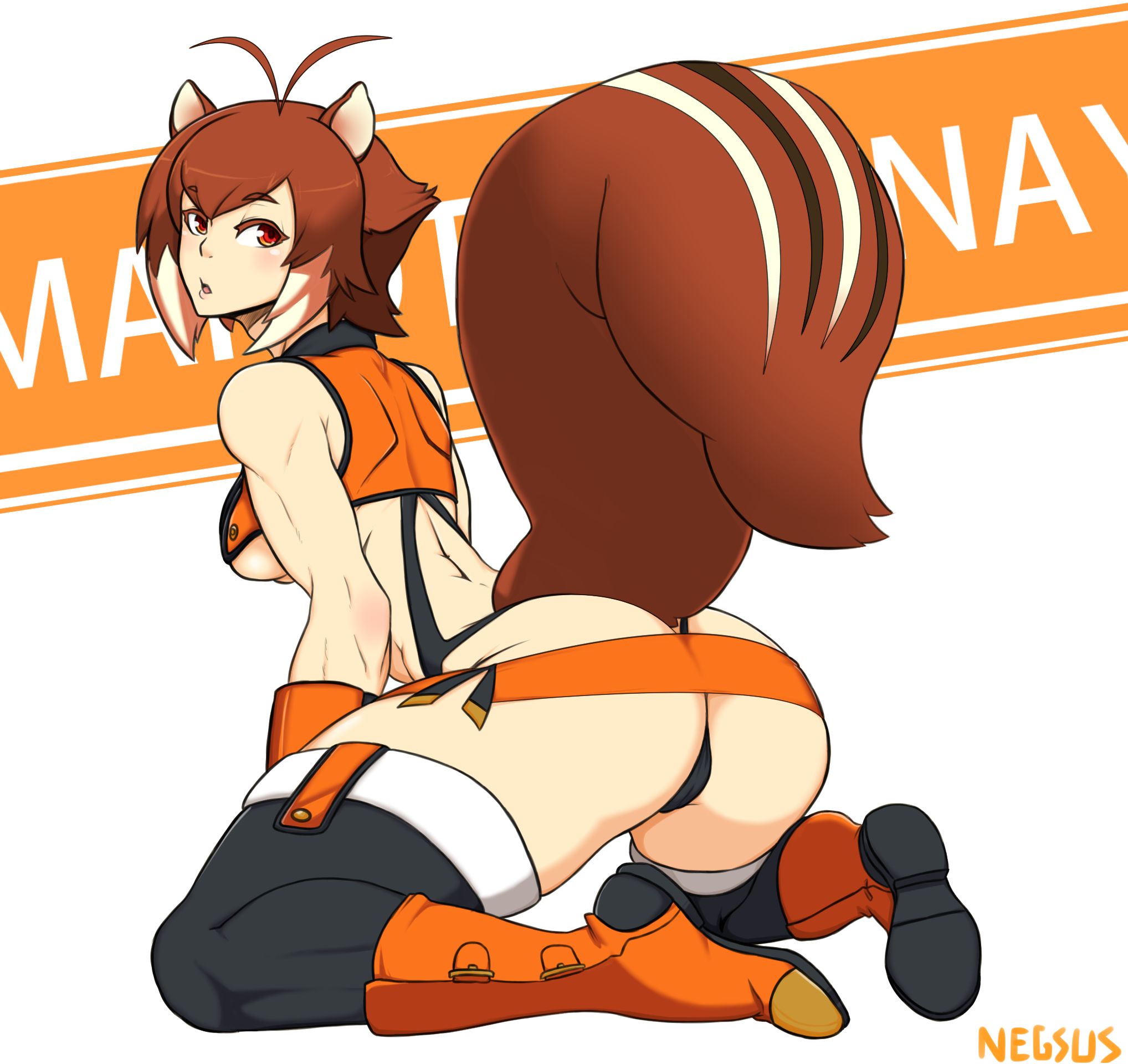 blazblue, breasts, female, female only, kneeling, looking back, makoto nanaya, negsus, solo, thong, underboob