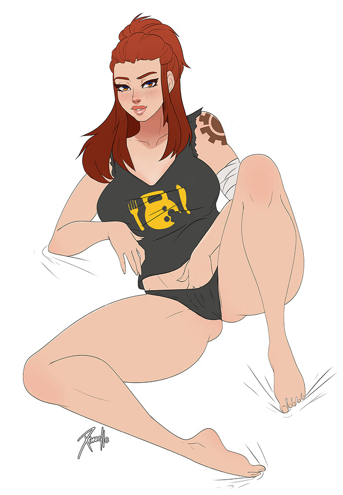1girls, 2018, 2d, breasts, brigitte, brigitte lindholm, brown eyes, brown hair, clothed, clothed masturbation, clothing, female, freckles, lipstick, looking at viewer, masturbation, masturbation through clothing, overwatch, panties, tattoo, underwear, xinaelle