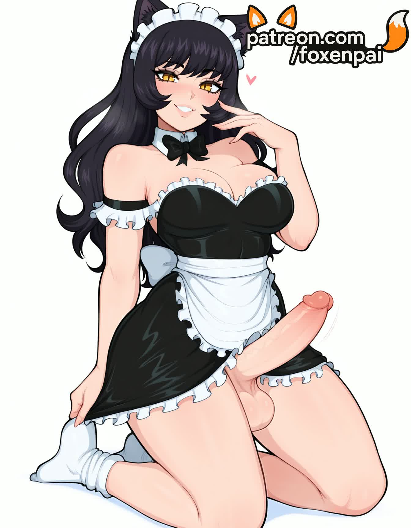1futa, 2025, ai generated, animal ears, apron, artist name, balls, black hair, black skirt, blake belladonna, blush, cat ears, cock, dick, erection, eyebrows visible through hair, foreskin, foxenpai, futanari, hi res, high quality, high resolution, highres, intersex, large penis, long hair, maid, maid apron, maid headdress, patreon, patreon username, penis, precum, rule 63, rwby, smile, socks, solo, stable diffusion, testicles, tight foreskin, uncensored, uncircumcised, watermark, white apron, yellow eyes