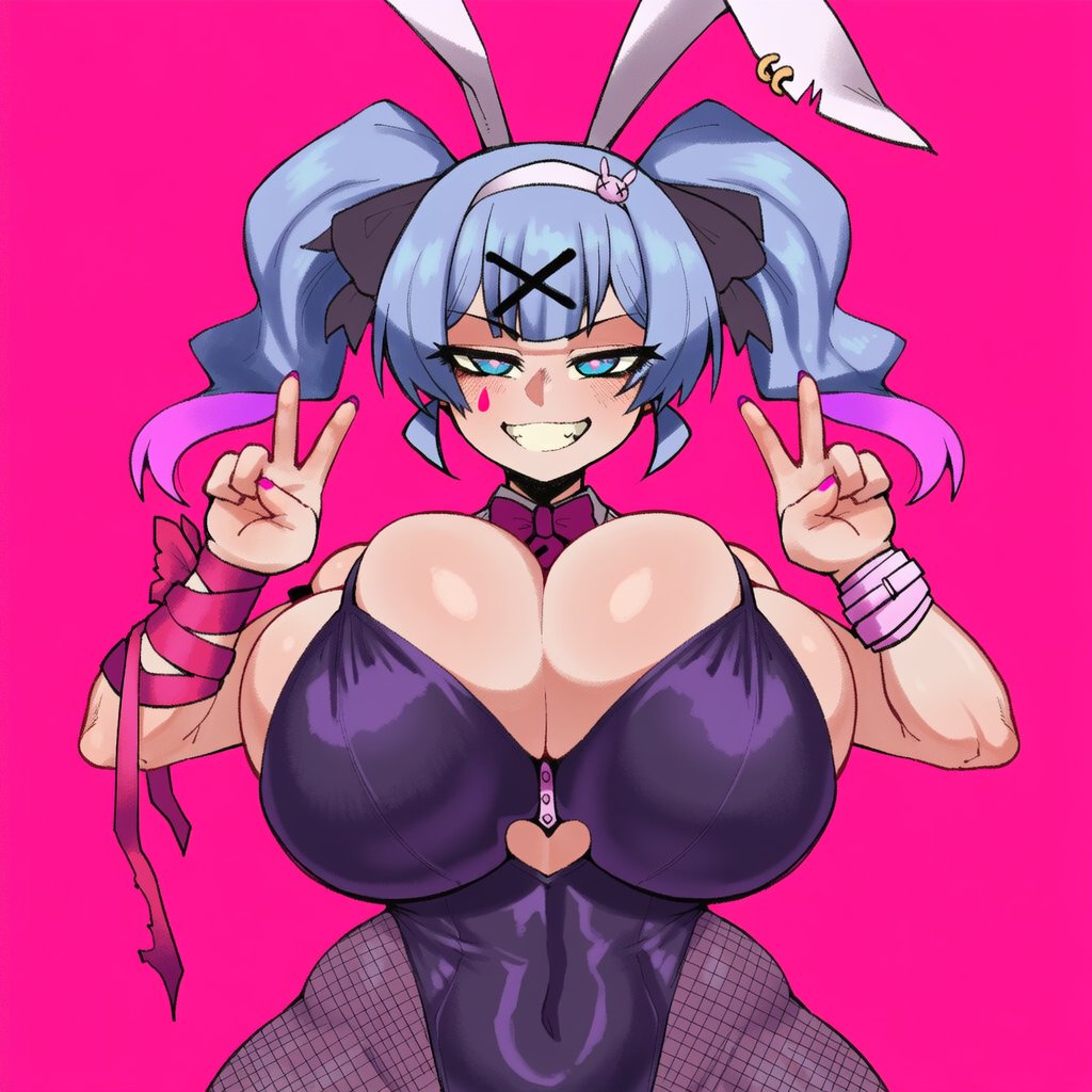 1girl, 1girls, ai generated, animal ears, belly, big breasts, blue eyes, blue hair, bow, bowtie, breasts, bunny ears, bunny girl, bunnysuit, bursting breasts, cleavage, cleavage overflow, curvaceous, curvy, curvy female, curvy figure, cyan hair, double v, fake animal ears, female, female only, fishnet pantyhose, fishnets, gigantic breasts, goghkunn, grin, hair ornament, hairband, hairbow, hatsune miku, heart, heart-shaped pupils, hourglass figure, huge breasts, jewelry, large breasts, latex, leotard, looking at viewer, massive breasts, mv character, nail polish, navel, navel visible through clothes, overflowing breasts, painted nails, pantyhose, peace sign, pink background, pink hair, pink nails, playboy bunny, rabbit ears, rabbit hole (vocaloid), ribbon, seductive, seductive look, seductive smile, shiny skin, simple background, skindentation, slim waist, smile, solo, solo female, symbol-shaped pupils, tattoo, tattoo on face, teeth, tight clothing, twintails, two-tone hair, v, venus body, virtual youtuber, vocaloid, voluptuous, voluptuous female, wide hips, x hair ornament