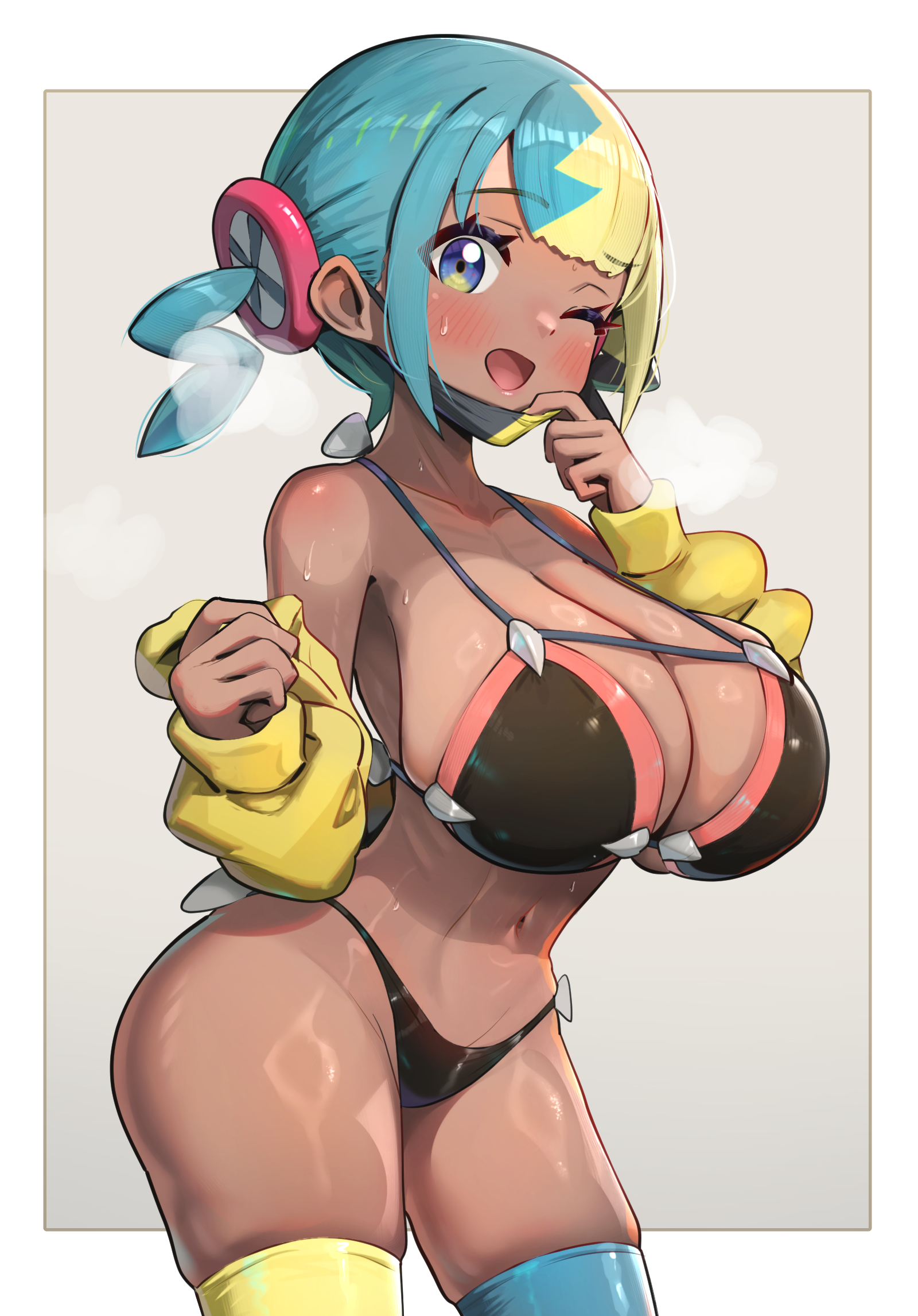1girls, absurdres, alternate breast size (larger), aqua hair, arm under breasts, ass, athletic, athletic female, bikini, black bikini, black hair, blonde hair, blue eyes, blue hair, blue nails, blush, breasts, canari (pokemon), canary (pokemon), choker, dark skin, face mask, facemask, fake screenshot, female, female focus, female only, game freak, gonzarez, gyaru, heavy breathing, highres, hollow shine, jacket, large breasts, lightning bolt ornament, looking at viewer, mask, mouth mask, multicolored hair, nail polish, navel, nintendo, one eye closed, outdoors, pokemon, pokemon legends: z-a, ring light reflection, short hair, short twintails, smile, solo, split-color hair, stomach, streamer, swimsuit, thighhighs, thighs, twintails, two-tone hair, viewfinder, white bikini, wide hips, yellow jacket, yellow nails