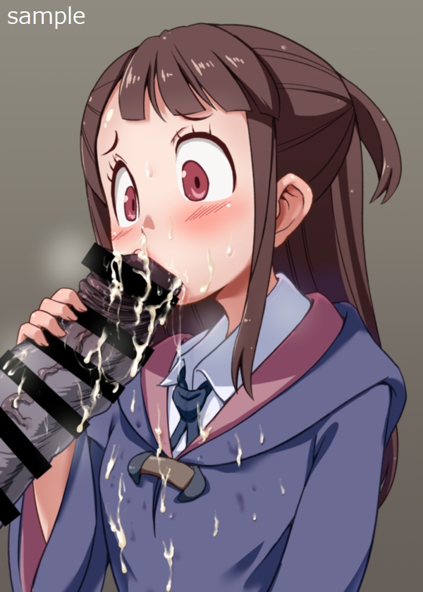 1boy 4shi akko_kagari atsuko_kagari bar_censor blush brown_hair censored clothed_sex cum cum_drip cum_in_mouth cum_on_breasts cum_on_clothes cum_on_face fellatio female handjob kagari_atsuko large_penis little_witch_academia long_hair luna_nova_school_uniform oral penis penis_awe red_eyes sample scared short_ponytail side_ponytail single_sidelock surprised