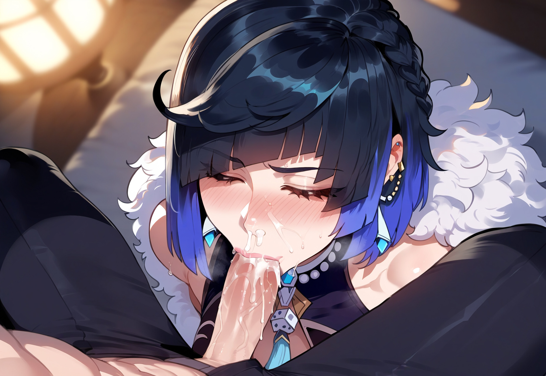 :>=, 1boy, 1girls, ai generated, bangs, bare shoulders, big breasts, black gloves, black hair, black pants, blue hair, blush, bob cut, braid, breasts, closed eyes, clothing, cum, cum in mouth, cum in nose, curvaceous, curvaceous female, curvaceous figure, curvy, curvy figure, diagonal bangs, dice, duo, earrings, ejaculation, erection, facial, fellatio, female, female focus, fur trim, fur-trimmed jacket, genshin impact, gloves, indoors, jacket, jacket on shoulders, jewelry, large breasts, light-skinned female, light-skinned male, male, miyuai, mole, multicolored hair, neck tassel, nipples, nude, oral, penis, saliva, semen, sex, short hair, solo focus, straight, sweat, tassel, two-tone hair, voluptuous, voluptuous female, yelan (genshin impact)