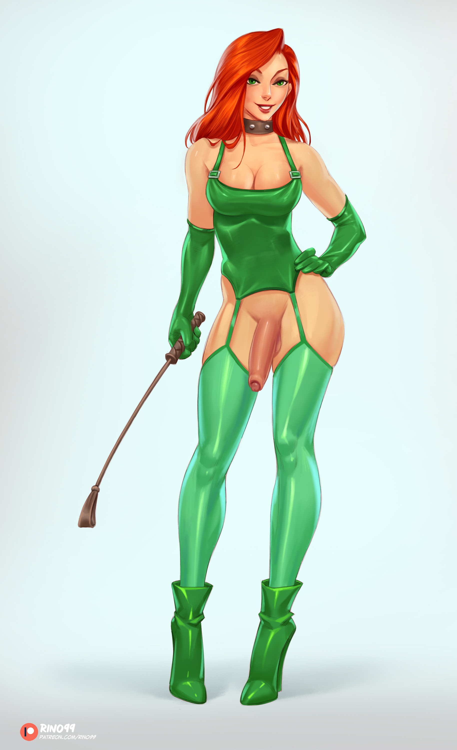 1futa, batman (series), bottomless, choker, dc, dc comics, futa only, futanari, green eyes, intersex, latex, latex gloves, pamela isley, penis, poison ivy, red hair, rino99, solo, tagme, whip