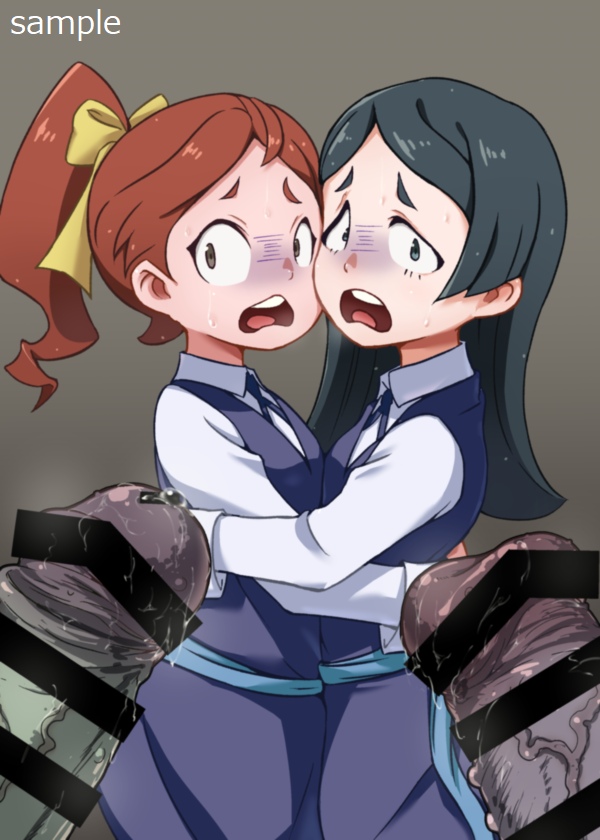 2girls 4shi bar_censor barbara_parker black_hair bow brown_eyes brown_hair censored frown green_eyes hairbow hannah_england hug imminent_rape large_penis little_witch_academia long_hair luna_nova_school_uniform multiple_girls multiple_penises penis penis_awe ponytail precum scared turn_pale yellow_bow you_gonna_get_raped