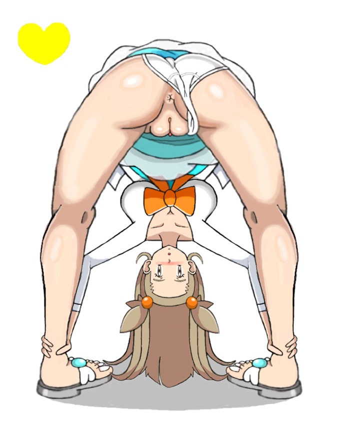 1girls alternate_breast_size ankle_grab anus ass bent_over big_breasts blouse blush blushing breasts brown_eyes brown_hair cleavage clitoris dress feet female female_only footwear gym_leader hair_ornament heart holding human innie_pussy jasmine_(pokemon) leg_grab long_hair looking_at_viewer looking_back looking_through_legs nail_polish nintendo open_mouth open_toe_shoes panties panties_aside phantamos pokemon pokemon_gsc pokemon_hgss pussy ribbon sandals shadow shirt simple_background skirt solo spread_legs standing toes tongue twintails underwear vagina watermark white_background white_panties