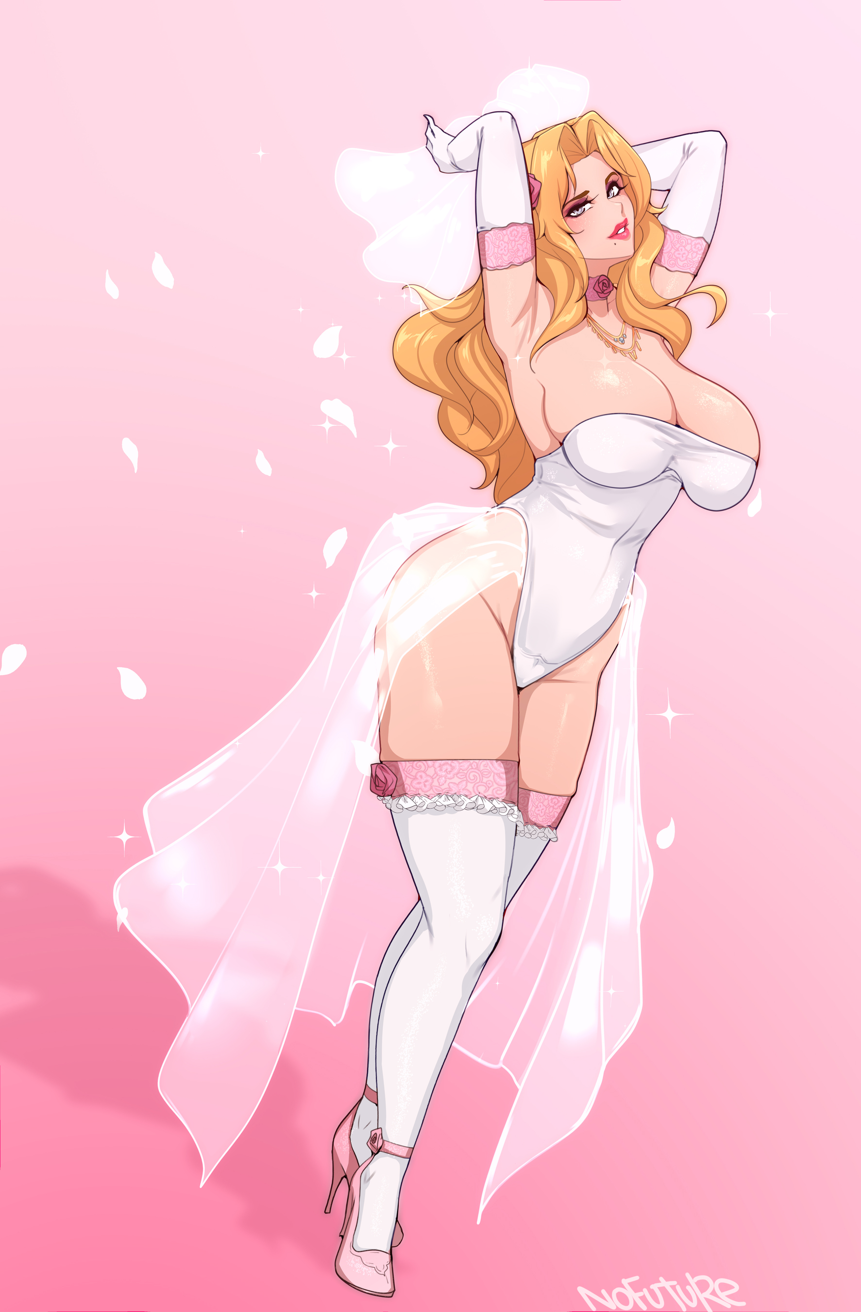 1girls, big breasts, bleach, breasts, bride, cleavage, female, female only, full body, heels, hi res, high heels, huge breasts, light-skinned female, long hair, looking at viewer, matsumoto rangiku, mole, mole under mouth, nofuture, orange hair, pink background, red lipstick, revealing clothes, solo, stockings, thick thighs, thighhighs, tight clothing, very high resolution, wedding dress, wedding veil, white stockings
