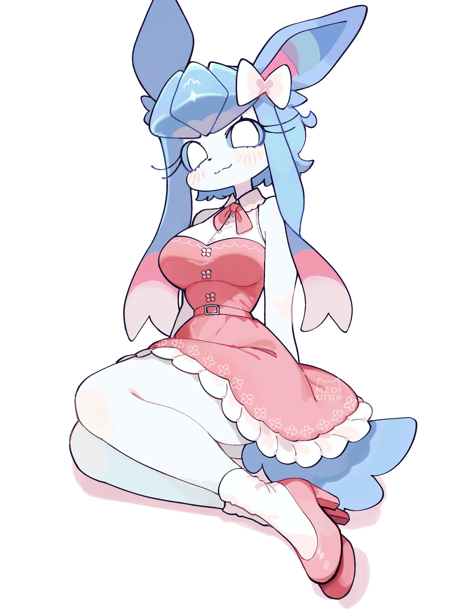 animal genitalia, big ass, big breasts, blue eyes, blue hair, breasts, female, flower, footwear, glaceon, huge thighs, kat kitt, medikitten, pokemon, ribbon, sitting, skirt, sylveon, thighs, white background, white skin