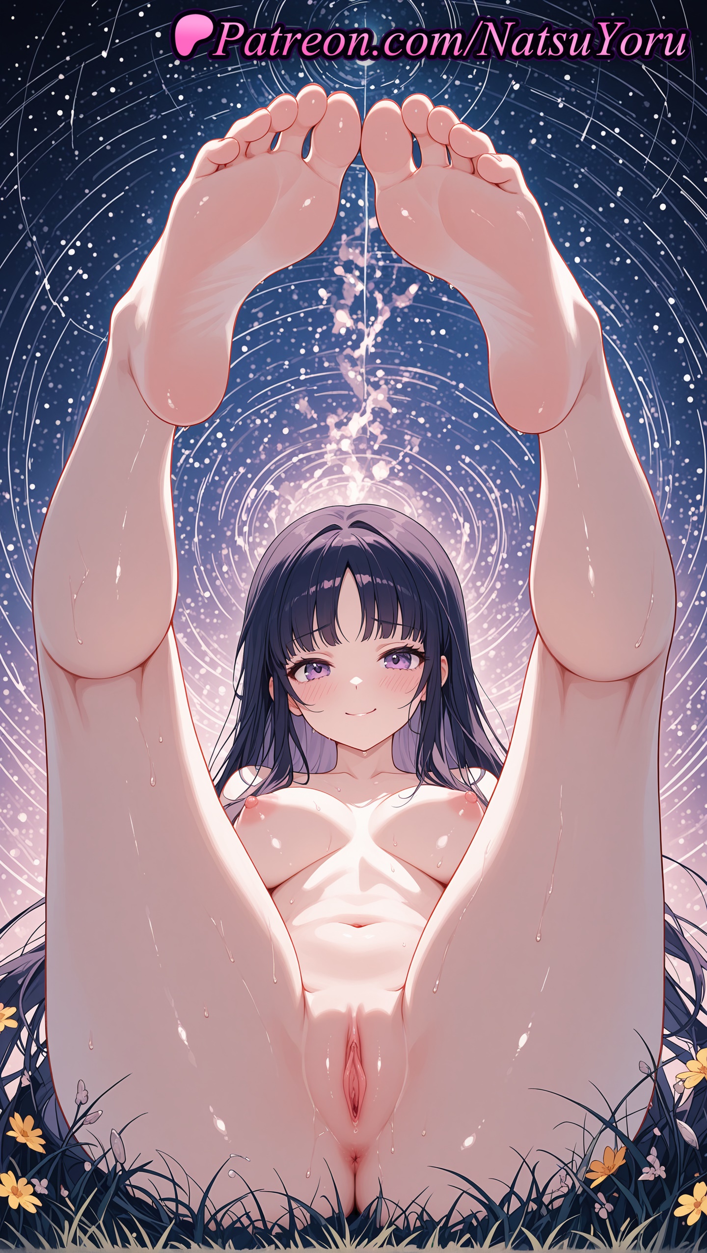 1girls, 2025, ai generated, anus, bangs, barefoot, black hair, blackfire, blush, breasts, breasts apart, closed mouth, completely nude, dc, dc comics, feet, female, female only, flower, foot focus, hi res, highres, komand'r, legs, legs up, long hair, looking at viewer, medium breasts, natsuyoru, navel, nipples, nude, outdoors, patreon, purple eyes, purple hair, pussy, shaved vagina, smile, soles, solo, teen titans, thighs, toes, uncensored, vagina, voluptuous, voluptuous female, warner brothers, wet