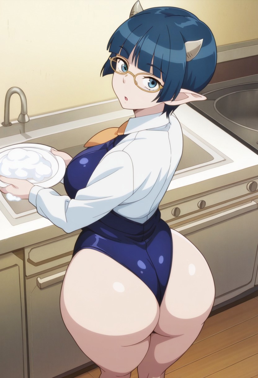 1girls, ai generated, ass, ass bigger than head, bare legs, bare thighs, big ass, big breasts, blue eyes, blue hair, blunt bangs, blush, bottom heavy, breasts, chores, crop top, demon, demon girl, detached collar, dishes, eyewear, female, female focus, female only, foam, glasses, highleg, highleg swimsuit, holding object, horns, huge ass, long sleeves, looking at viewer, looking back, looking back at viewer, lv1 maou to one room yuusha, matching hair/eyes, megane, necktie, one-piece swimsuit, open mouth, pinup, pixie cut, plate, pointy ears, presenting, presenting ass, presenting hindquarters, rear view, revealing clothes, shiny skin, shirt, short hair, short necktie, sideboob, sink, skimpy, skimpy clothes, soap, soap bubbles, solo, solo focus, thick ass, thick thighs, thighs, upper body, washing, washing dishes, wedgie, white skin, yellow-framed eyewear, zenia (lv1 maou to one room yuusha)