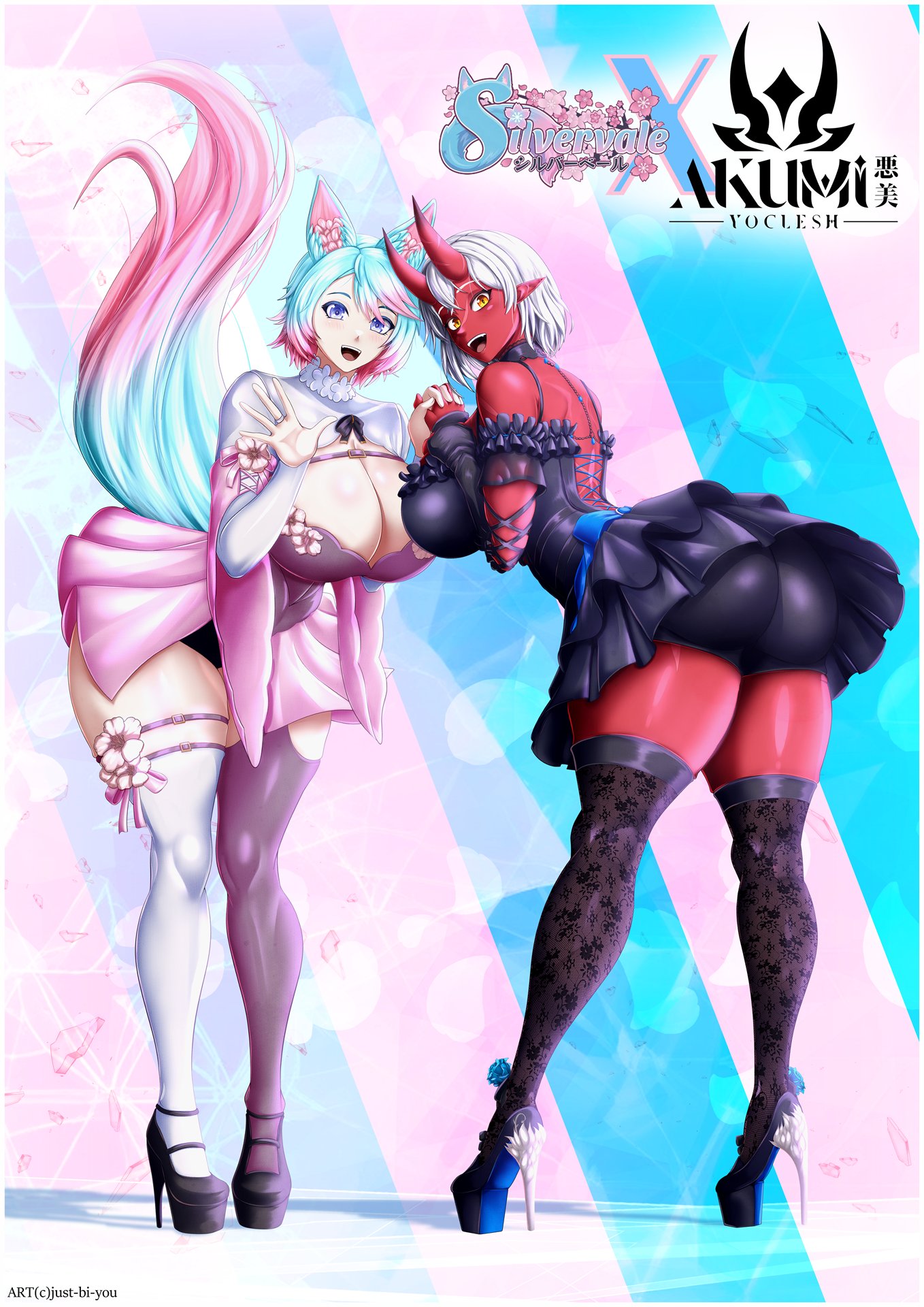 2girls, akumi, ass, black legwear, blue eyes, blue hair, breasts, cleavage, dark skin, dress, female, full body, high heels, horns, large breasts, looking at viewer, multicolored hair, multiple females, multiple girls, pink hair, short hair, silvervale, single horn, skirt, thighhighs, virtual youtuber, vyugen, white hair, yellow eyes