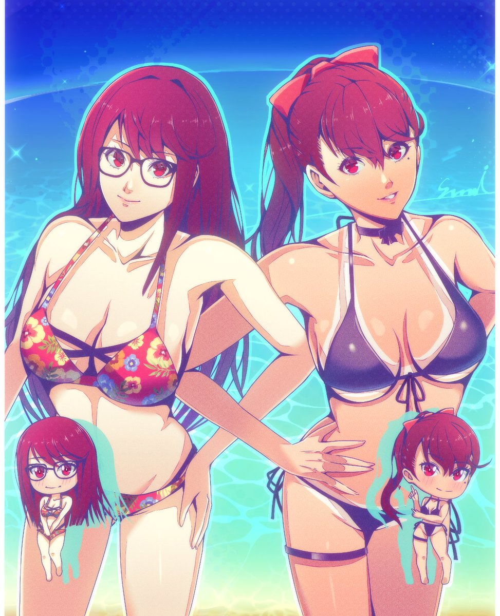 2girls, alternate costume, beach, bikini, bikini tan, black bikini, blue sky, bovine, breasts, cleavage, closed mouth, collarbone, commentary request, corner50777313, female, female only, front-tie bikini top, front-tie top, full body, glasses, highres, kasumi yoshizawa, long hair, looking at viewer, multiple females, multiple girls, multiple views, ocean, parted lips, persona, persona 5, ponytail, red eyes, red hair, siblings, sisters, sky, smile, standing, sumire yoshizawa, sumiyao (amam), swimsuit, tan, tanline, teeth, thigh strap, twins