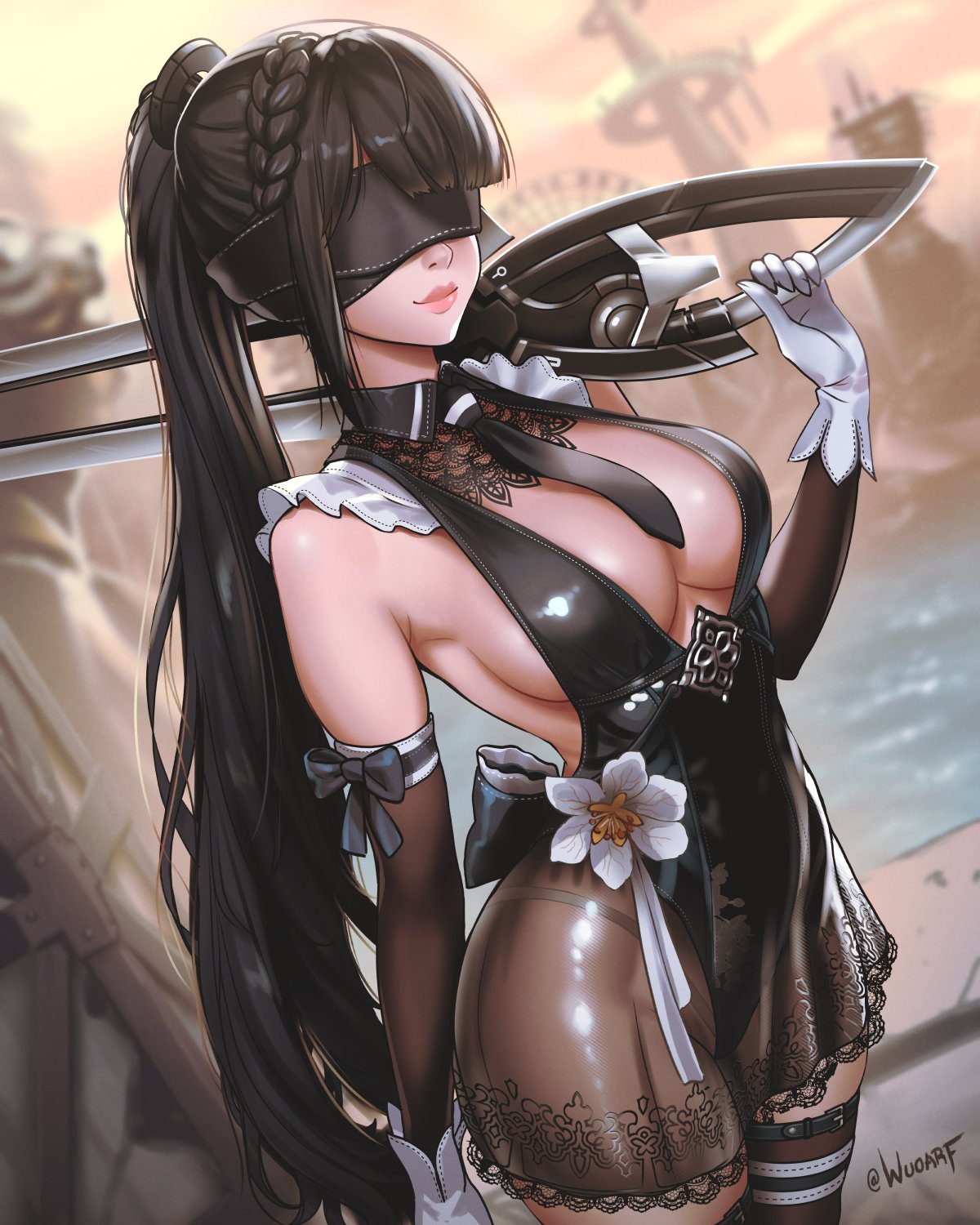1girls, black gloves, black hair, black leotard, black necktie, black skirt, black thighhighs, blindfold, blood edge (stellar blade), blunt bangs, bodysuit, braid, breasts, closed mouth, commentary, elbow gloves, eve (stellar blade), female, female only, gloves, highres, holding, holding sword, holding weapon, large breasts, leotard, lips, long hair, looking at viewer, necktie, nier (series), outdoors, ponytail, see-through clothes, see-through skirt, sideboob, single braid, skirt, smile, solo, stellar blade, sword, thighhighs, very long hair, weapon, white gloves, wuoarf, yorha 2b (cosplay), yorha unofficial ceremonial attire (stellar blade)