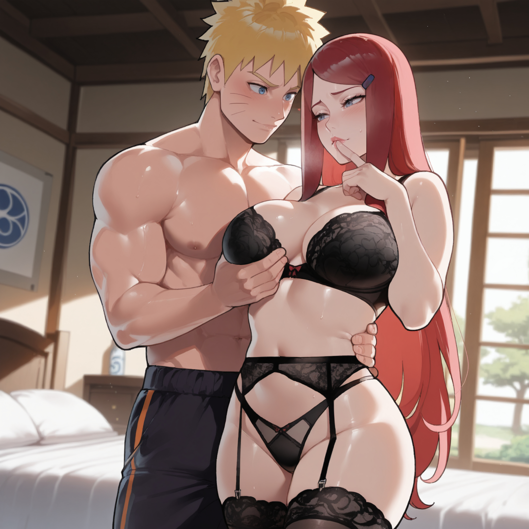 1girls, adult and teenager, age difference, ai generated, ass, ass focus, bare ass, bare midriff, bare shoulders, bare thighs, before sex, big ass, big breasts, blush, bra, breast grab, breasts, duo focus, female, finger to mouth, from behind, g-string, garter belt, garter straps, huge ass, huge breasts, implied incest, incest, light skin, light-skinned female, lingerie, lingerie bra, lingerie only, lingerie panties, male, mature, mature female, milf, mother and son, naruto, naruto (series), naruto shippuden, naughty, naughty face, naughty smile, older female and younger male, pale skin, pale-skinned female, panties, presenting, presenting ass, purple eyes, rear view, red hair, round ass, shiny, shiny hair, shiny skin, shirtless, shirtless male, shorts, shy, smile, smirk, solo, stockings, thong, uzumaki kushina, uzumaki naruto, very long hair