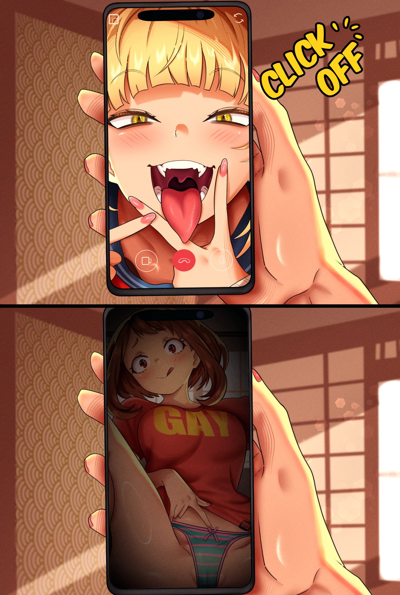 :p, 2girls, blonde hair, blonde-haired female, brown eyes, brown hair, brown-haired female, cameltoe, cellphone, facetime, fangs, female, female focus, hanaarasuka, heroine, himiko toga, light skin, light-skinned female, medium hair, my hero academia, ochako uraraka, open mouth, painted nails, panties, pussy, selfie, sexting, sharp teeth, short hair, spread legs, striped panties, superheroine, text, toga himiko, tongue, tongue out, underwear, uraraka ochako, yellow eyes, yuri